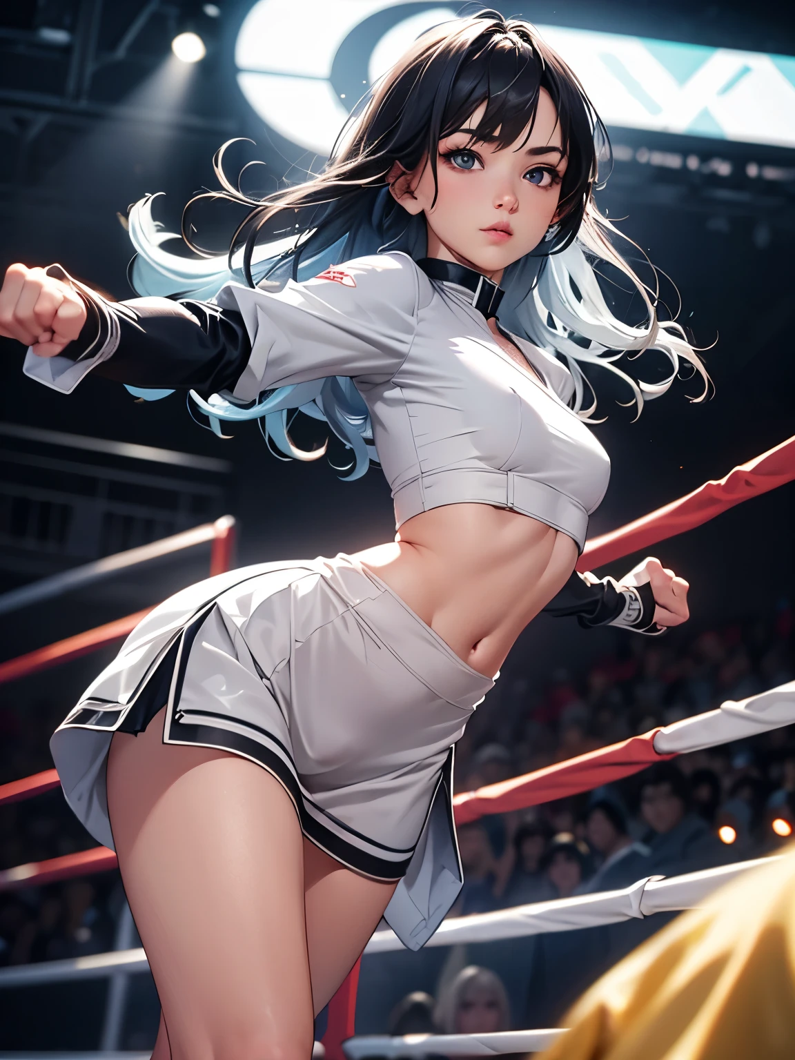 ((focus on the face)),[NSFW], ((Cute symmetrical face)),8k, highest quality, photo realistic, Highly detailed 8k wallpaper,、((Biologically correct limbs))、((The number of fingers on one hand is 5))、(masterpiece:1.2, highest quality), (realistic, photorealistic:1.4), beautiful illustrations, (natural side lighting, movie lighting), Beautiful woman,blue-silver hair, 25 years old,(4 Women)、 perfect face, perfect body, shiny skin, beautiful hair, beautiful face, beautiful eyes, 緻密でbeautiful eyes, beautiful body, beautiful breasts, beautiful arms、((beautiful thin legs)), (small butt、Narrow thighs),blush,、(Jacket、shirt、medium long skirt、gloves)、((Punch towards the camera))、Vibrant