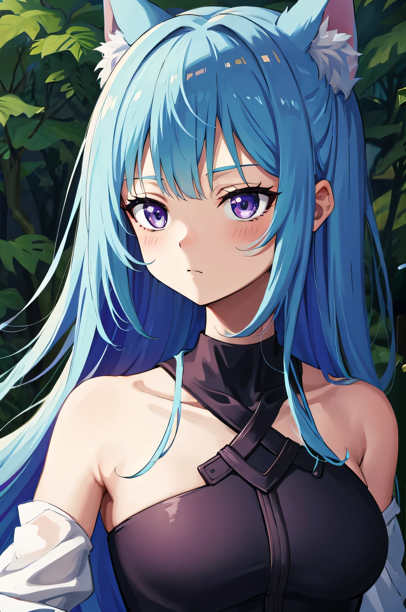 Anime wolfgirl, in the forest, light Blue hair, purple eyes, (scars on the face), high quality, best quality, 4k, 2k,