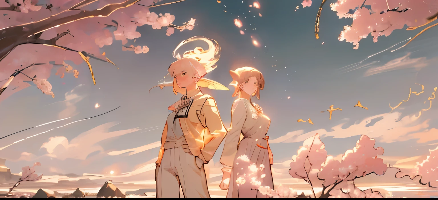An anime illustration in ultra-high resolution (8K UHD) with stunning detail and vibrant colors. The focus of the illustration is on an anime boy and girl with highschool shirt, bloodshot eyes. The setting is under a picturesque cherry blossom tree during daylight. The cherry blossoms should be in full bloom, creating a beautiful yet eerie contrast with the girl's unsettling expression. The sky should feature fluffy clouds, and there should be people in the background, unaware of the girl's presence, going about their day. The scene should take place in a serene and windy environment with lush green grass and birds flying in the distance. The wind should gently rustle the girl's hair and the cherry blossoms, adding to the eerie atmosphere. The goal is to create a visually captivating and emotionally charged illustration that captures the essence of a character's obsession amidst the beauty of nature. Ensure that the image is vivid, high-res, and HD, emphasizing both the serene surroundings and the unsettling aura of the girl (serene atmosphere:1.2), (elven attire:1.2), detailed surroundings, (gentle ripples), [soft light], (artstation:1.1), (golden hour:1.25), (tranquil scene:1.15), BREAK, Perfect body, (big breast), light smile, parted bangs, highly detailed face and eyes, Perfect lips, Light pink lips, Art style By Yusuke Murata, By Artgerm, by Kawacy
