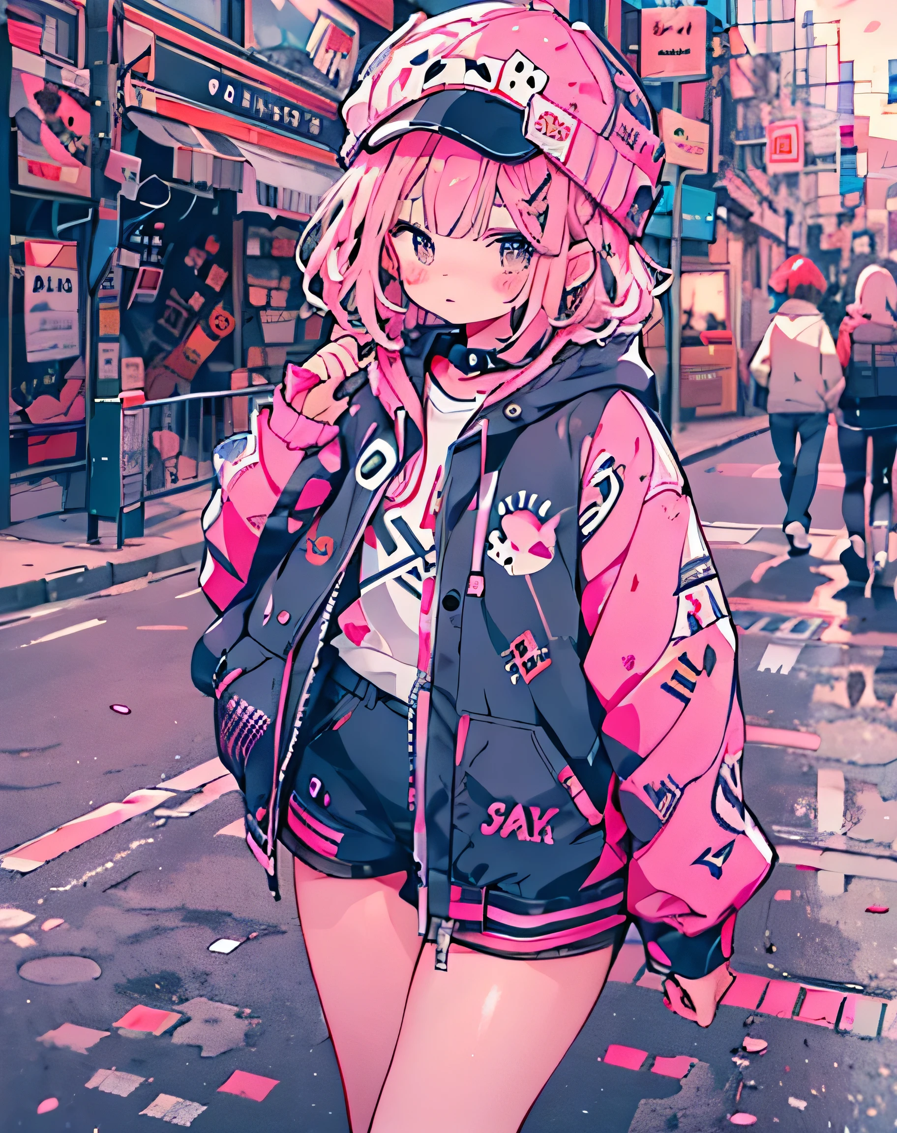 masterpiece,1 girl,alone,(((cutest girl ever)))、short hair,pink hair,Fashionable hoodies,mob cap, street,put your hands on your hips, put one&#39;Hand in hand&#39;pocket of,
