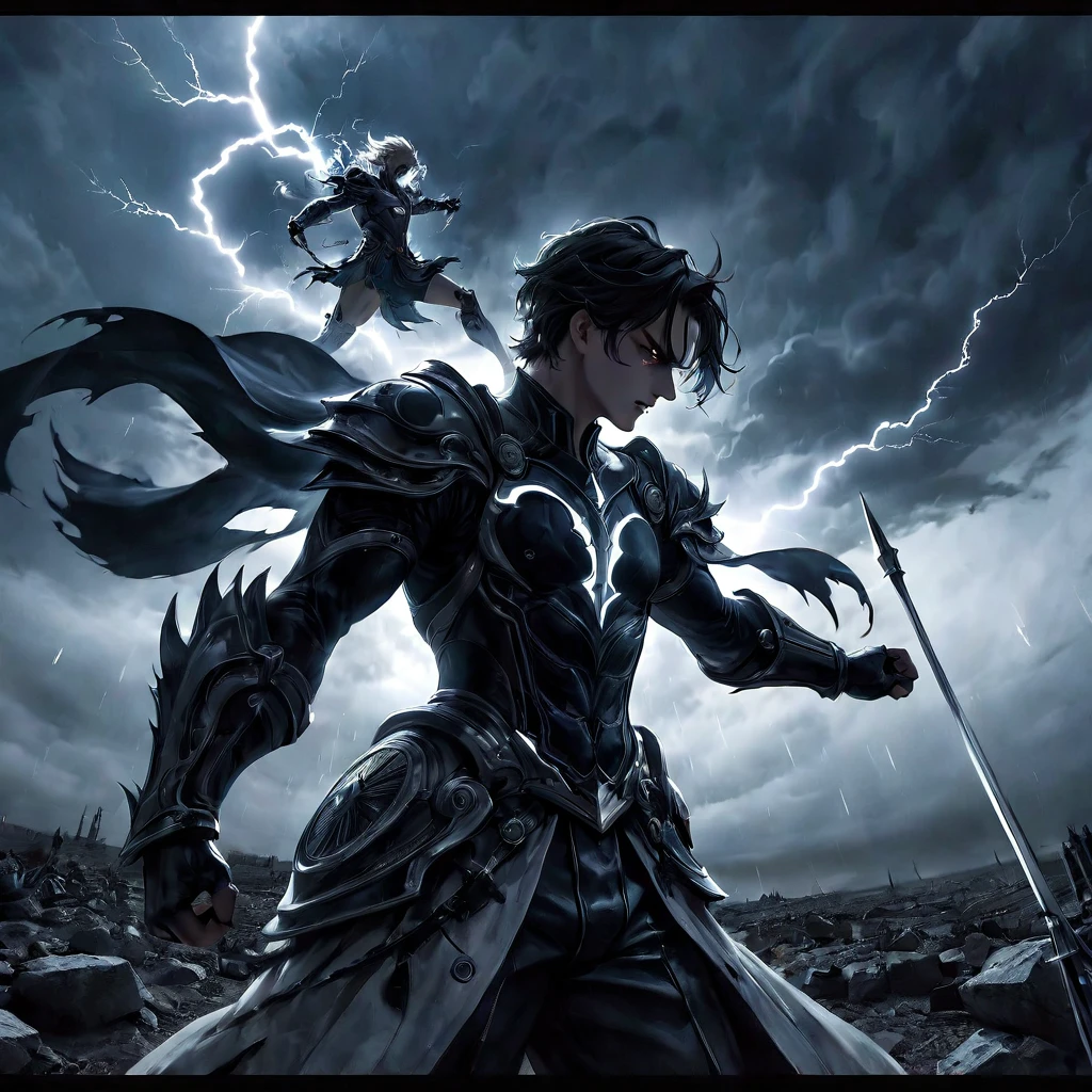 Final Showdown, aesthetic, extremely detailed, A color photo titled "The Final Showdown" depicts a tense face-off between a protagonist and antagonist under a moonlit, threatening atmosphere. Sweat and ready muscles hint at an imminent battle while shadows and distant thunder enhance the foreboding mood. The urgency is palpable, suggesting a ticking clock and the world's fate in balance. The scene is shot with a vintage Nikon F5 camera, offering precise details and shallow depth of field that highlights the characters. Christopher Nolan directs, Roger Deakins handles cinematography, and Alexander McQueen styles the costumes, infusing the scene with suspense, immersive visuals, and avant-garde elegance.