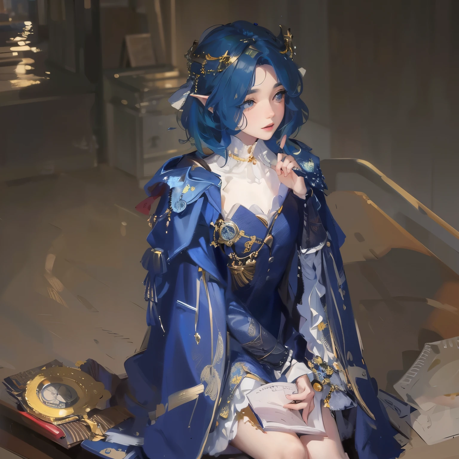 (Masterpiece: 1.2, Best Quality), Realistic, (Realistic Picture, Complex Details, Depth of Field), Best Quality, Masterpiece, Highly Detailed, Semi Realistic, 1 Girl, Mature Female, 21 Years Old, Blond Short Hair, Left Eye Covered with Hair, Blue Eyes, King's Clothes, Red Cloak, Slim Figure, Crown Made of Precious Gold, Reading and Marking Documents, Goose Hair Pen, Office Table, Soft Bench