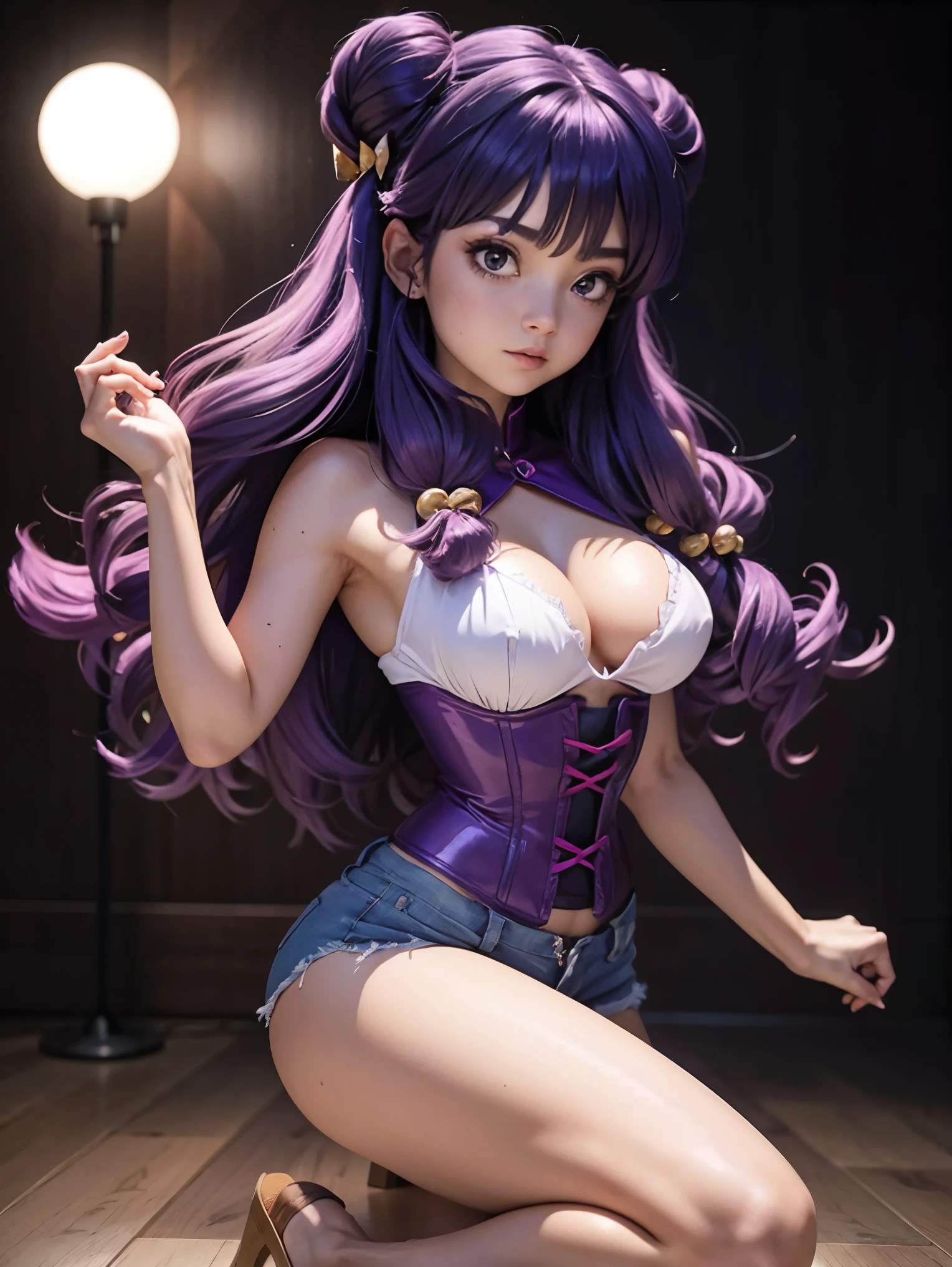 Garota anime cabelo purple com short jeans e corset rosa brilhante, 16 anos, corpo bonito, seios grandes, com as hands on chest, hands on chest, Garota sexy, purple cabelo, mechas de cabelo laterais, mechas de cabelo na lateral do rosto, beautiful lighting, sombras suaves, olhos azuis, pernas bonitas, cabelo longo purple, estilo anime, personagem Shampoo Chan, Autora Rumiko Takahashi, Baseado em obra de Rumiko Takahashi, Anime Ranma 1/ 2, decote sexy, quadril robusto, corpo inteiro, corpo inteiro, busto grande, garota jovem com corpo belo e bonito, sandals on his feet, garota 16 anos jovem, usando short jeans e corset rosa brilhante, garota anime, estilo anime, beautiful feet in sandals, 45° viewing angle, ao ar livre, grande breast, seios bonitos, cabelo purple, sandals on the feet, pernas bonitas, cabelo purple roxo, belos seio, big , busto grande, pernas bonitas, pes perfeitos, corpo completo, corpo inteiro, full viewing area, belos seios, decote sexy