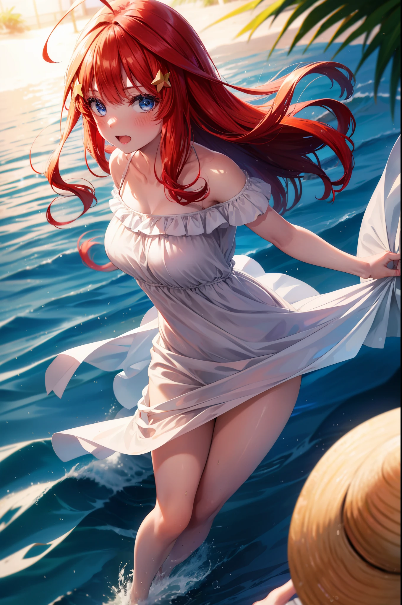 itsukinakano, Itsuki Nakano, bangs, blue eyes, hair between eyes, Ahoge, redhead, star \(symbol\), hair ornaments, star hair ornaments,blush,open mouth smile,straw hat,white off shoulder dress,bare shoulders,bare clavicle,naked neck,white long skirt,barefoot,Lift up the skirt slightly with one hand,beachの砂浜を散歩しながら,red hair fluttering in the breeze,Palm tree,
break outdoors, sandy beach,beach,
break (masterpiece:1.2), highest quality, High resolution, unity 8k wallpaper, (shape:0.8), (fine and beautiful eyes:1.6), highly detailed face, perfect lighting, Very detailed CG, (perfect hands, perfect anatomy),