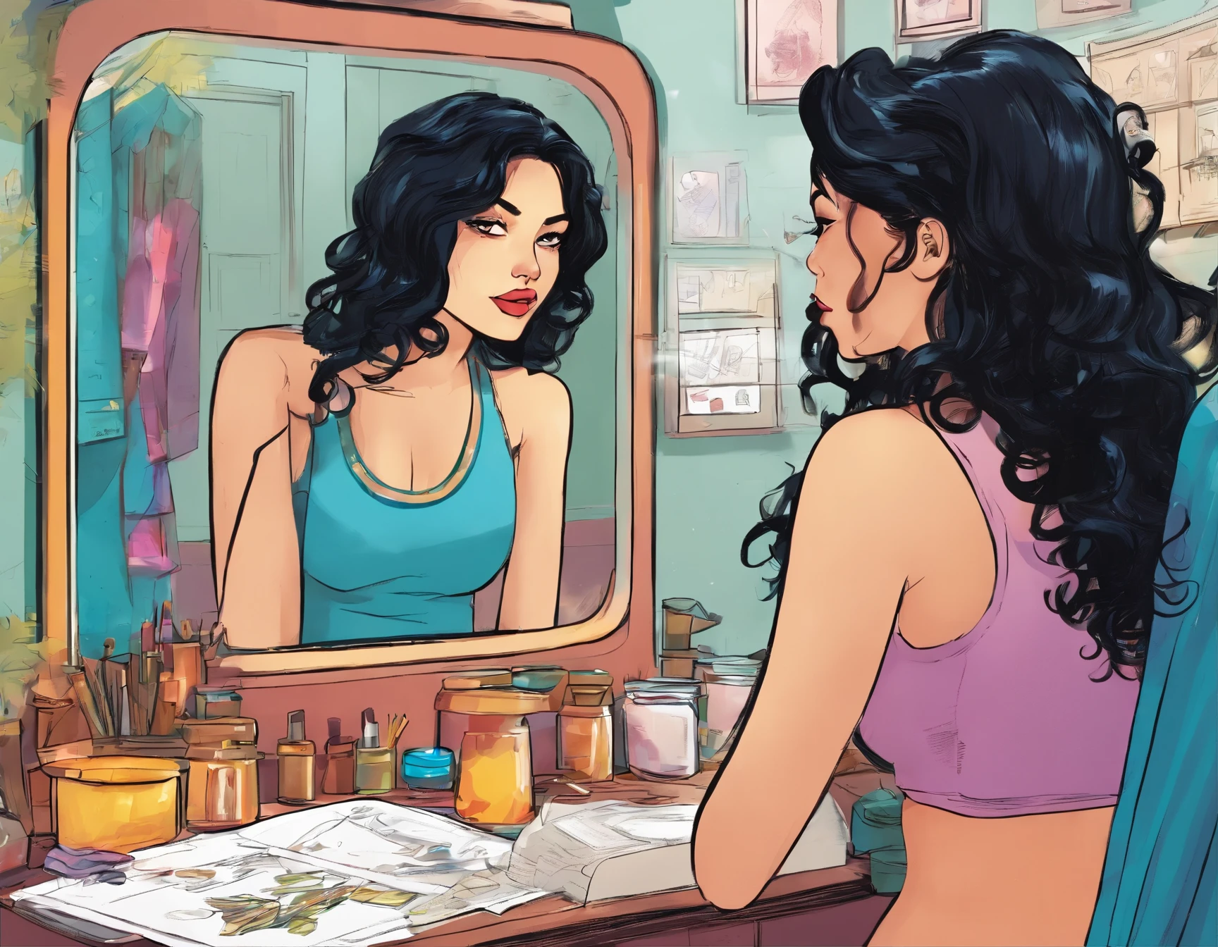"Create a realistic animation scene where a young woman with black hair looks thoughtfully in the mirror"