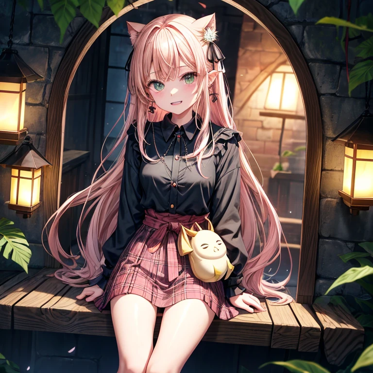 pink blonde、green eyes、one good looking girl、solo、anime、plaid mini skirt、the skirt has buttons、black camisole、black t-shirt、dress、wearing a ribbon、ribbon at waist、cloak、hood、stone slabs are piled up、raising one hand、crystal earrings、monster castle、jewelry necklace、Light and shadow、Hundreds of Ghosts at Night、lantern、sitting、legs crossed、mirror、tunnel、clock、Stuck in the wall、universe、skeletal specimen、fern plants、petal、tilting one&#39;s face、teeth are visible、red carpet、magic、Bento