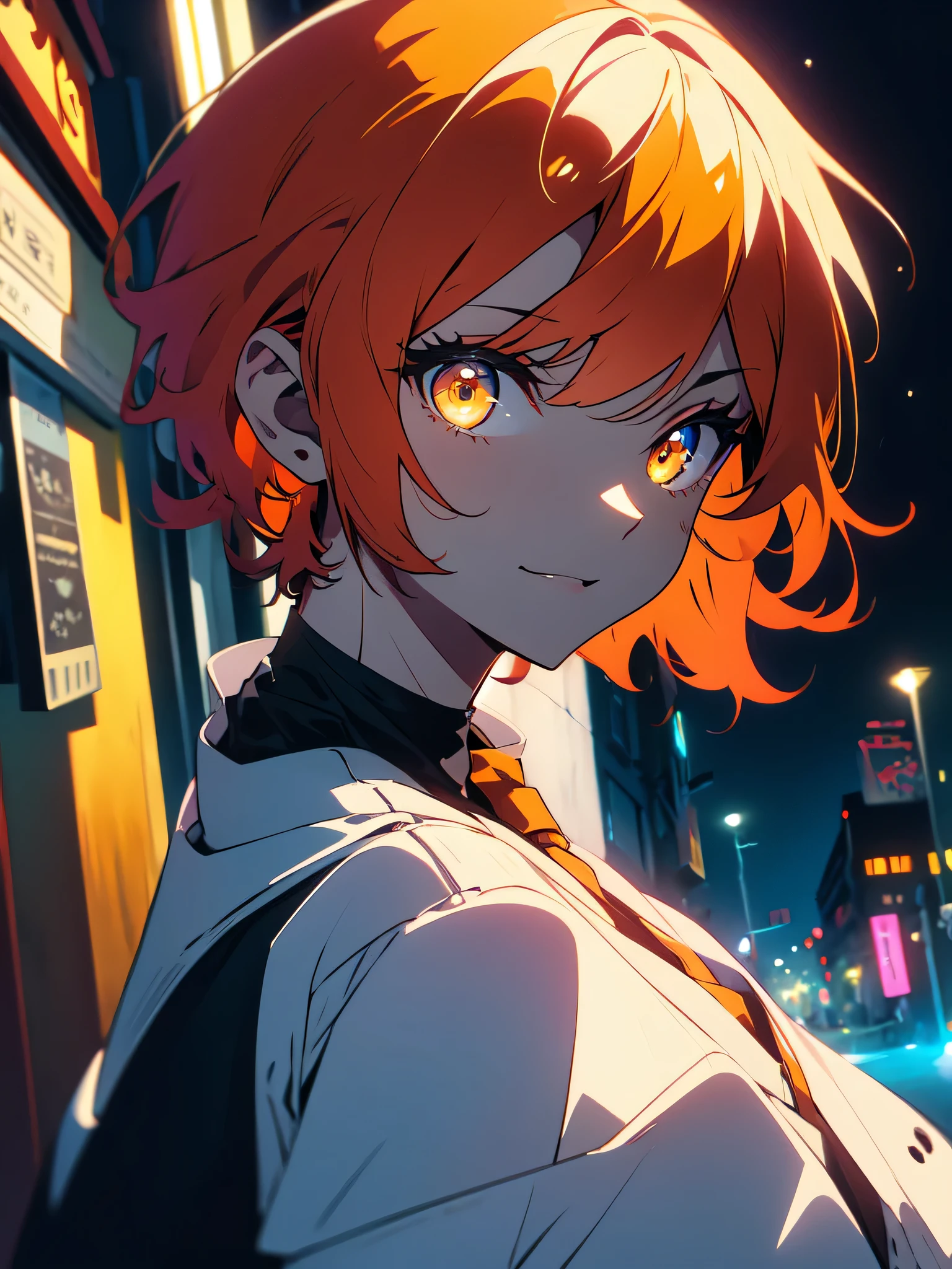 (masterpiece, highest quality、be familiar with)、(shining eyes), ((one young man)),((cool boy))、(tangerine orange hair,inner color)、colorful eyes,serious expression, evil smile,line drawing,((short hair))、messy hair、(twist perm),(asymmetrical hair、two block hair),white blazer,black t-shirt,expressionless eyes,((beautiful animeスタイル))、(dark and serious background),(dark back alley)、(downtown at night)、beautiful anime
