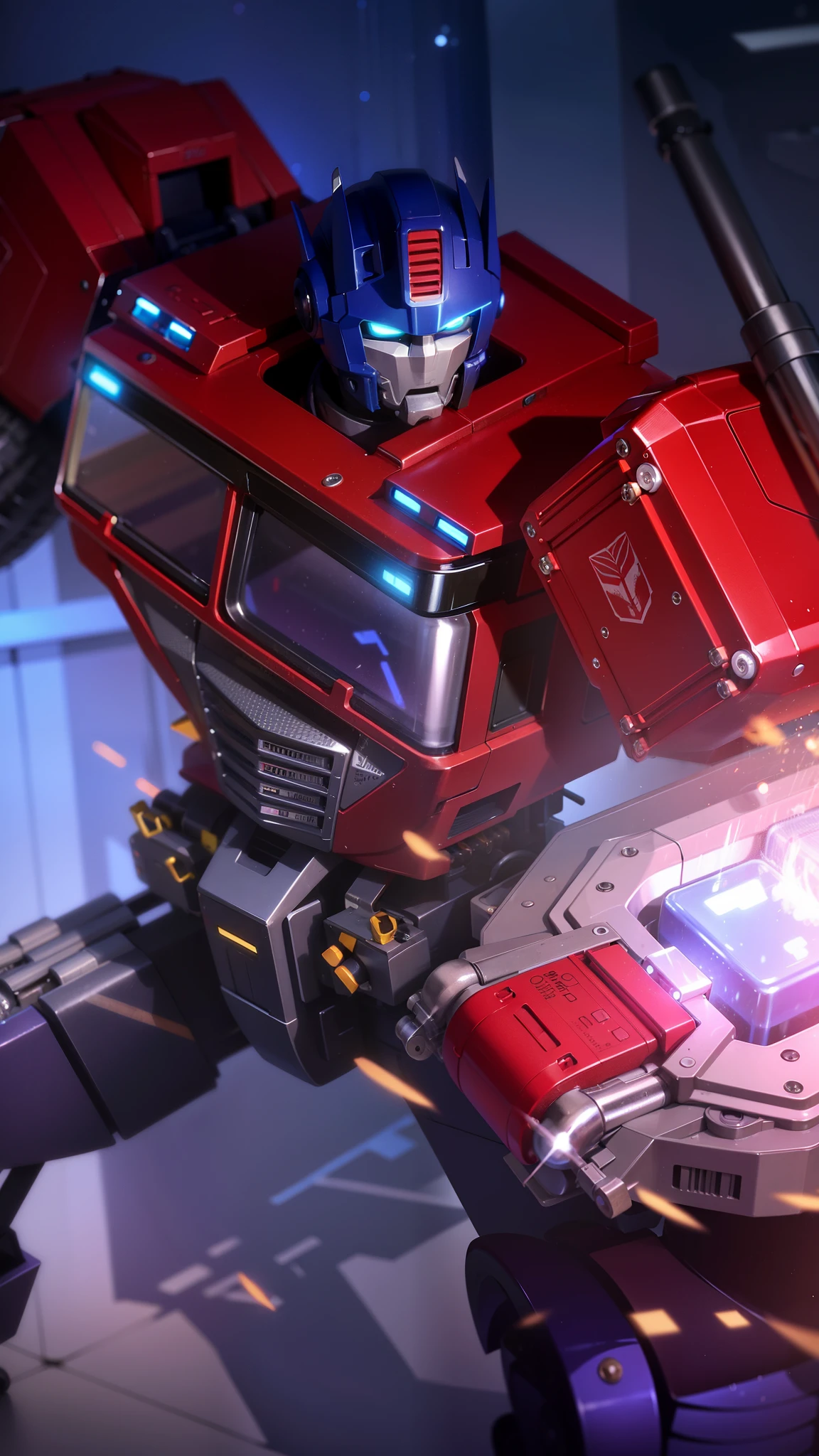 the real Optimus prime as an airport fire truck-z8-Albert 8x8, like his 2007 animated counterpart with blue head, blue hands, light blue energon eyes and blue legs , and autobot logos on his shoulders, along with him holding his red and grey axe that has a blue energon blade, robot mode with a vehicle next to him that is also an airport fire truck-z8-Albert 8x8, he should have some black accents on his arms and chest