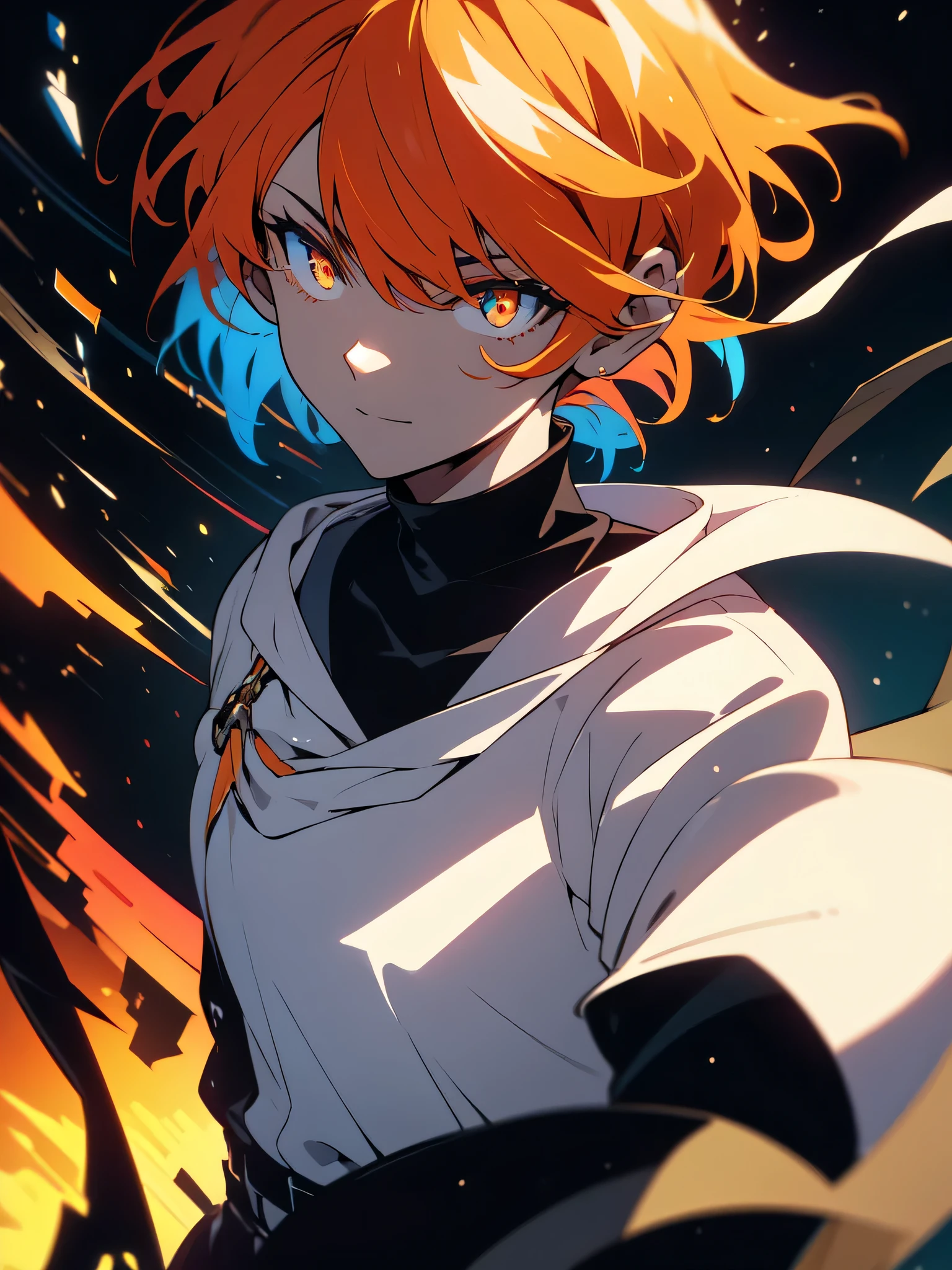 (masterpiece, highest quality、be familiar with)、(shining eyes), ((one young man)),((cool boy))、(tangerine orange hair,inner color)、colorful eyes,serious expression, evil smile,line drawing,((short hair))、messy hair、(twist perm),(asymmetrical hair、two block hair),white blazer,black t-shirt,expressionless eyes,((beautiful animeスタイル))、(dark and serious background),(dark back alley)、(downtown at night)、beautiful anime