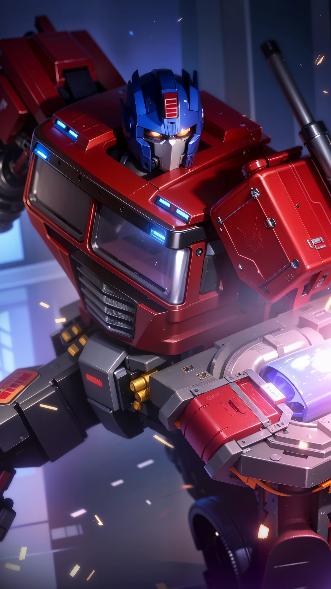 the real Optimus prime as an airport fire truck-z8-Albert 8x8, like his 2007 animated counterpart with blue head, blue hands, light blue energon eyes and blue legs , and autobot logos on his shoulders, along with him holding his red and grey axe that has a blue energon blade, robot mode with a vehicle next to him that is also an airport fire truck-z8-Albert 8x8, he should have some black accents on his arms and chest