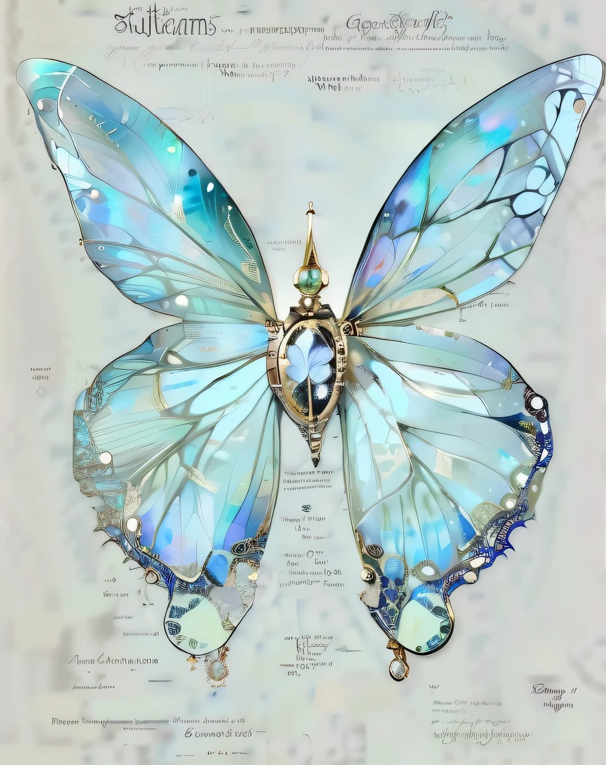 there is a Butterfly with a blue wing and a gold crown, Exquisite and handsome wings, Butterfly, steampunk Butterfly, Have beautiful wings, Butterfly jewelry, inspired by Daniel Merriam, glow，Very detailed, translucent，Exquisitely detailed wings, ethereal wings, transparent wings, harmony of Butterfly, Gossamer wings, Butterfly wings, mechanical Butterfly, beautiful art, tiffany style, transparent marble Butterfly