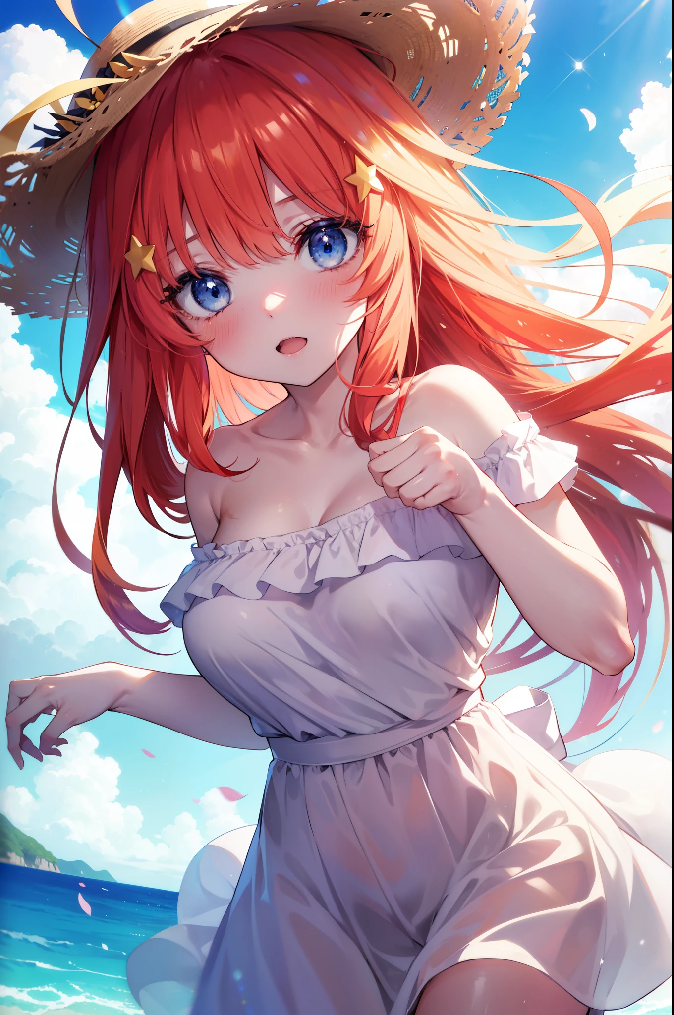 itsukinakano, Itsuki Nakano, bangs, blue eyes, hair between eyes, Ahoge, redhead, star \(symbol\), hair ornaments, star hair ornaments,blush,open mouth smile,straw hat,white off shoulder dress,bare shoulders,bare clavicle,naked neck,white long skirt,barefoot,Lift up the skirt slightly with one hand,While walking along the sandy beach,red hair fluttering in the breeze,Palm tree,
break outdoors, break looking at viewer, whole body,Upper body,
break (masterpiece:1.2), highest quality, High resolution, unity 8k wallpaper, (shape:0.8), (fine and beautiful eyes:1.6), highly detailed face, perfect lighting, Very detailed CG, (perfect hands, perfect anatomy),