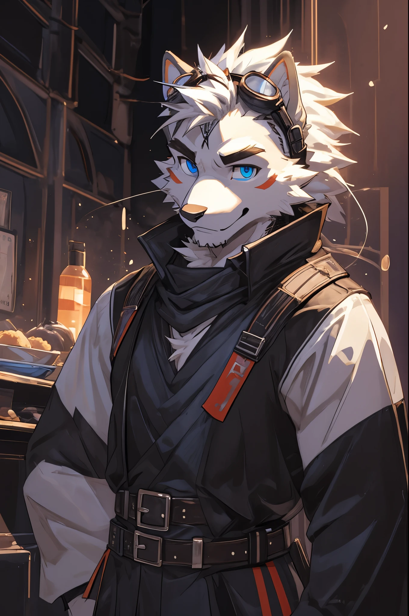Masterpiece, Solo, Cool Pose, Furry Gray Dragon, Medium Muscular Body, Blue Eyes, Grey Medium Hair, Casual Clothes, Casual Set, Fierce, Goggles, Joy Expression, Happy, Good looking
