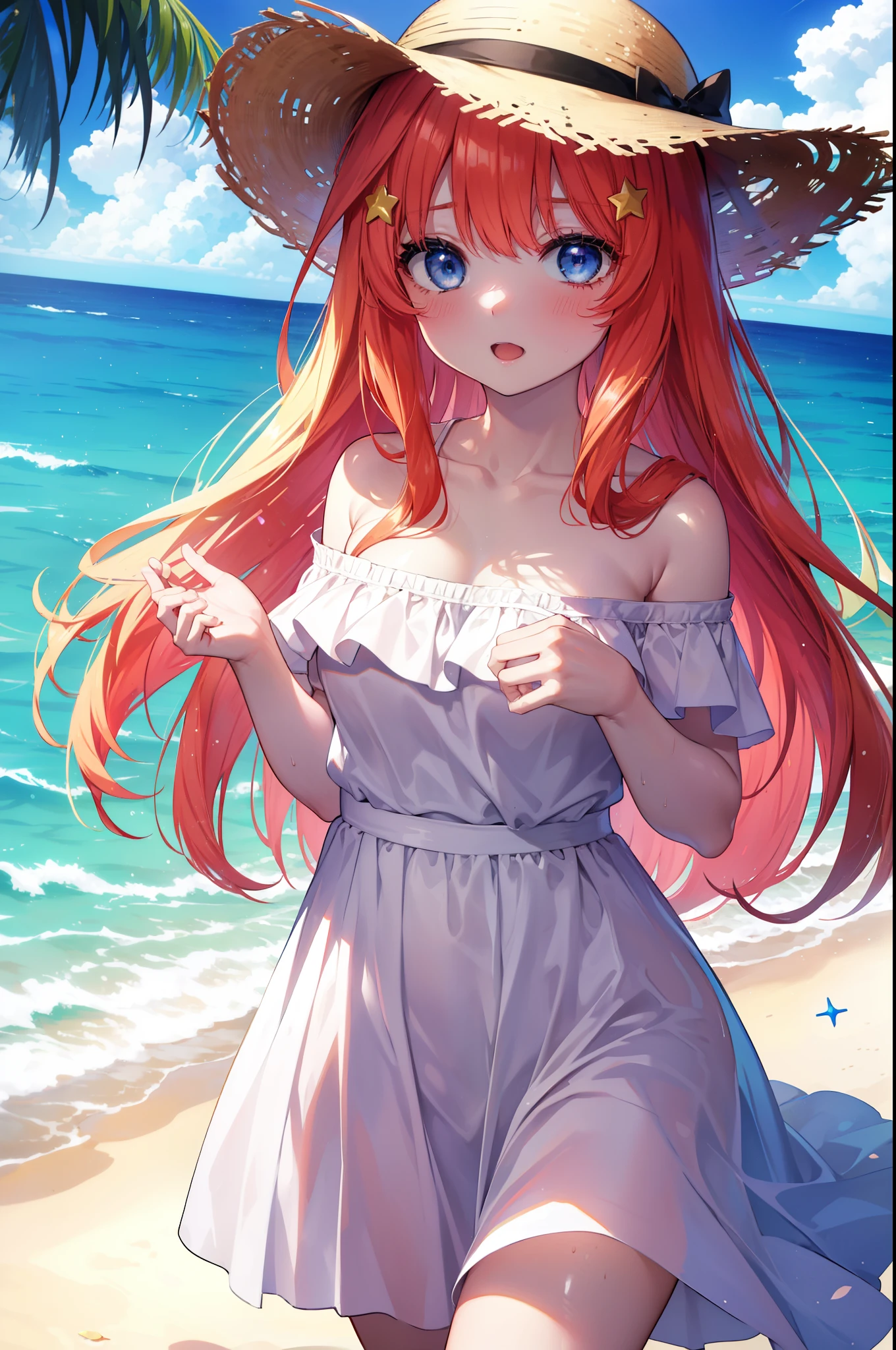 itsukinakano, Itsuki Nakano, bangs, blue eyes, hair between eyes, Ahoge, redhead, star \(symbol\), hair ornaments, star hair ornaments,blush,open mouth smile,straw hat,white off shoulder dress,bare shoulders,bare clavicle,naked neck,white long skirt,barefoot,Lift up the skirt slightly with one hand,While walking along the sandy beach,red hair fluttering in the breeze,Palm tree,
break outdoors, break looking at viewer, whole body,Upper body,
break (masterpiece:1.2), highest quality, High resolution, unity 8k wallpaper, (shape:0.8), (fine and beautiful eyes:1.6), highly detailed face, perfect lighting, Very detailed CG, (perfect hands, perfect anatomy),