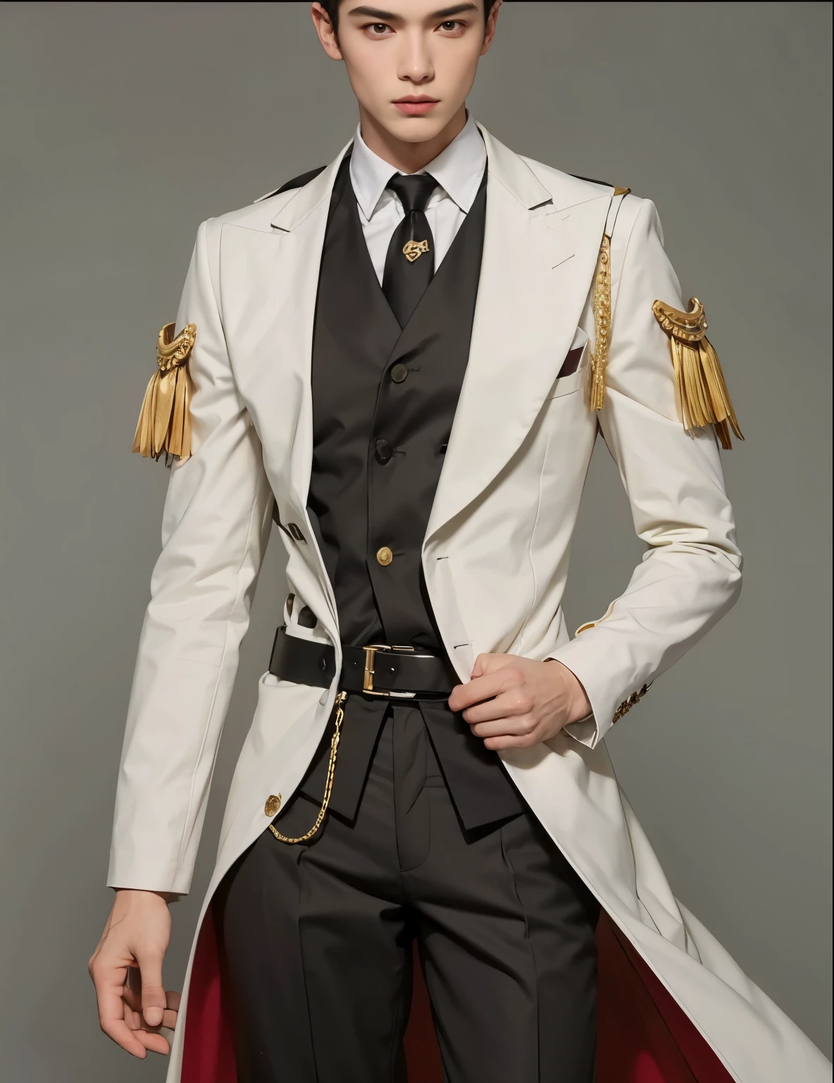 Reference sheet: 1.8, great details, high quality, masterful work, Tall Boy, Beautiful face, manto, long pants, art in bootasterpiece, A high resolution, high quality: 1.2), complex parts, cinematic lighting, Clear Focus, depth of field, White coat, black pants, black shoes with gold toe, Gold Elements, brunette, an aristocrat