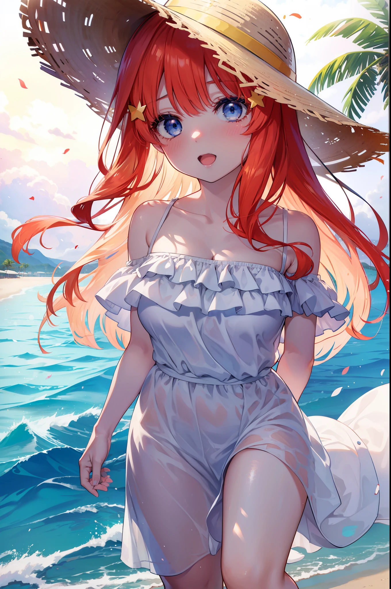 itsukinakano, Itsuki Nakano, bangs, blue eyes, hair between eyes, Ahoge, redhead, star \(symbol\), hair ornaments, star hair ornaments,blush,open mouth smile,straw hat,white off shoulder dress,bare shoulders,bare clavicle,naked neck,white long skirt,barefoot,Lift up the skirt slightly with one hand,While walking along the sandy beach,red hair fluttering in the breeze,Palm tree,
break outdoors, break looking at viewer, whole body,Upper body,
break (masterpiece:1.2), highest quality, High resolution, unity 8k wallpaper, (shape:0.8), (fine and beautiful eyes:1.6), highly detailed face, perfect lighting, Very detailed CG, (perfect hands, perfect anatomy),