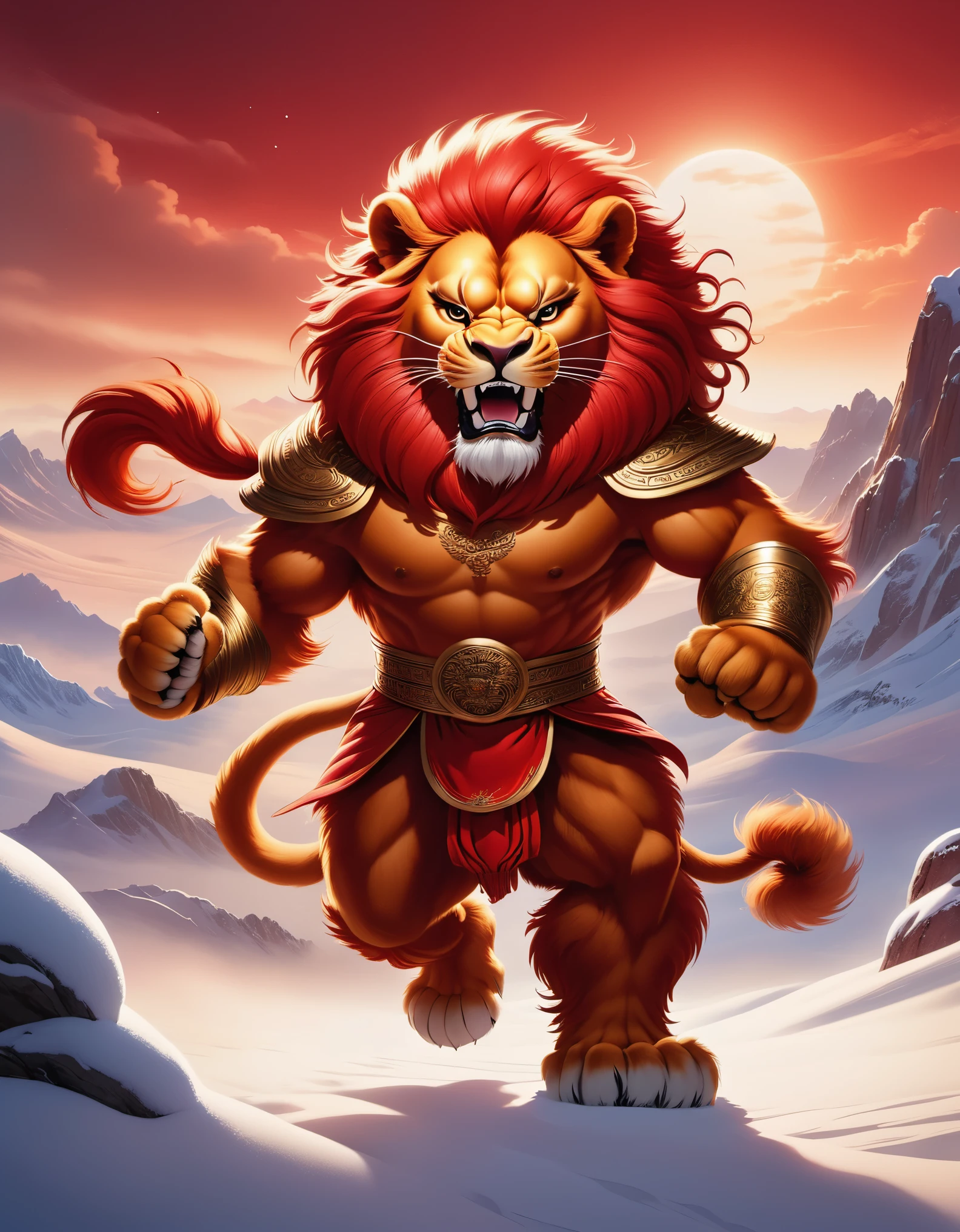 Dueling Moments, (a strong red Chinese lion struggling to box), anthropomorphic, a desert and arctic snow, influenced by Frank Herbert, Poster, Animation, Studio Ghibli, Detailed Illustration, Official Art, Cavalleria Style, 32k, Night, HD Wallpaper, Selective Focus, Documentary Style, Precisionist, Thought-provoking, Ethereal Atmosphere,