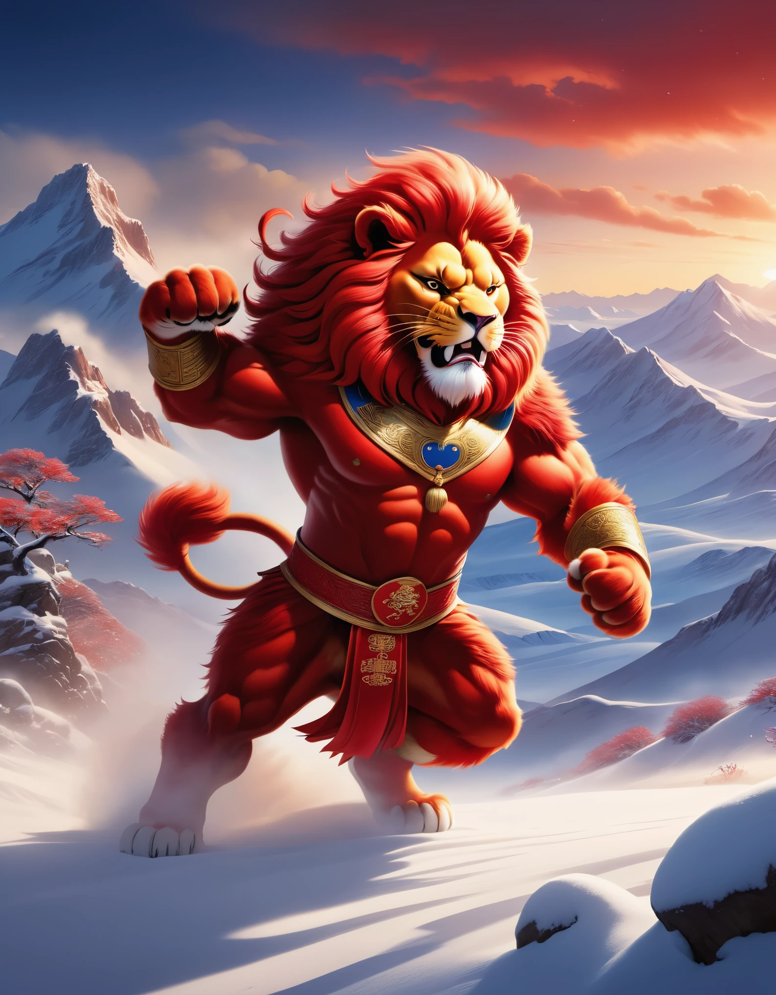 A strong red Chinese lion struggling to box, anthropomorphic, a desert and arctic snow, influenced by Frank Herbert, Poster, Animation, Studio Ghibli, Detailed Illustration, Official Art, Cavalleria Style, 32k, Night, HD Wallpaper, Selective Focus, Documentary Style, Precisionist, Thought-provoking, Ethereal Ambience,...