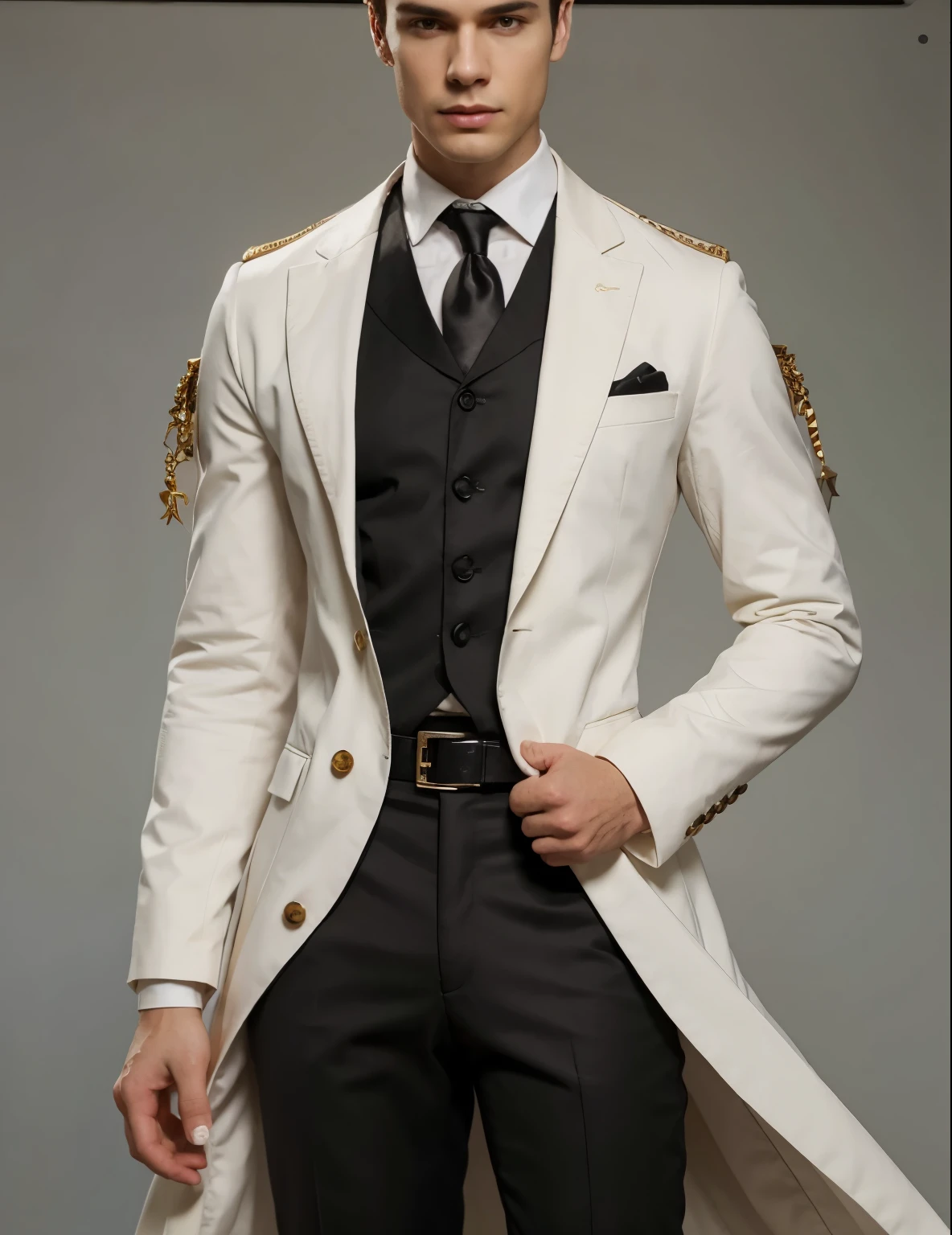 Reference sheet: 1.8, great details, high quality, masterful work, Tall Boy, Beautiful face, manto, long pants, art in bootasterpiece, A high resolution, high quality: 1.2), complex parts, cinematic lighting, Clear Focus, depth of field, White coat, black pants, black shoes with gold toe, Gold Elements, brunette, an aristocrat