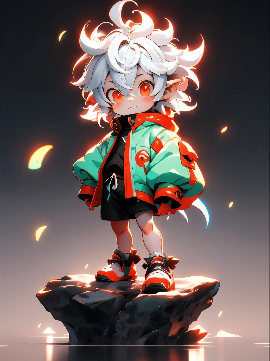 Stylistic image of a ********** standing on a rock by the sea, Concept art by Shi Tao, pure, furry art，Popular topics on artstation pixiv, Gurwitz-style artwork, La Rafael, Gurwitz, Guweiz on ArtStation Pixiv, young male human dragon，white hair，white hair，Close-up photos，Red