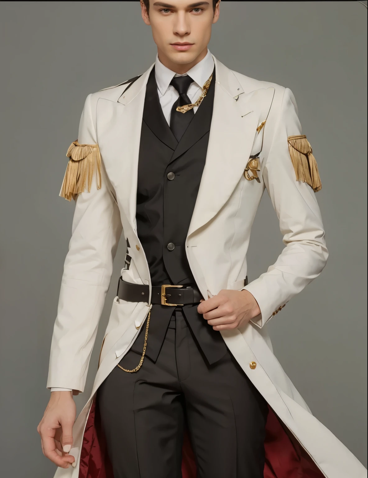 Reference sheet: 1.8, great details, high quality, masterful work, Tall Boy, Beautiful face, manto, long pants, art in bootasterpiece, A high resolution, high quality: 1.2), complex parts, cinematic lighting, Clear Focus, depth of field, White coat, black pants, black shoes with gold toe, Gold Elements, brunette, an aristocrat