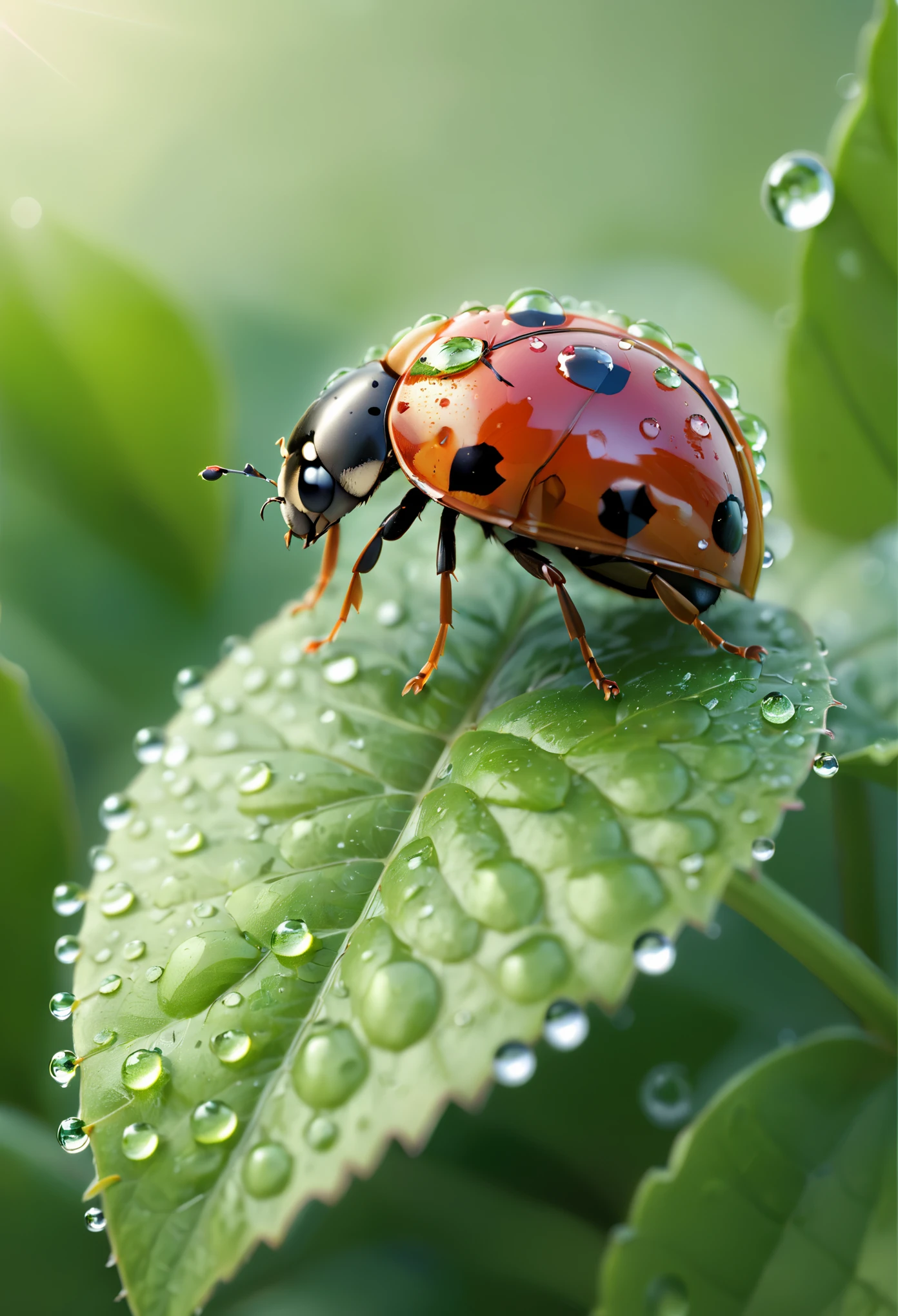 full body photo of a ladybug sitting on a leaf, dew drops, soft raytrace, intricate details, insane details, 8k, summer atmosphere, ultrarealistic hair, reflections, f/11, 8k, cinematic, realistic, naturalistic shot, National Geographic award winning
