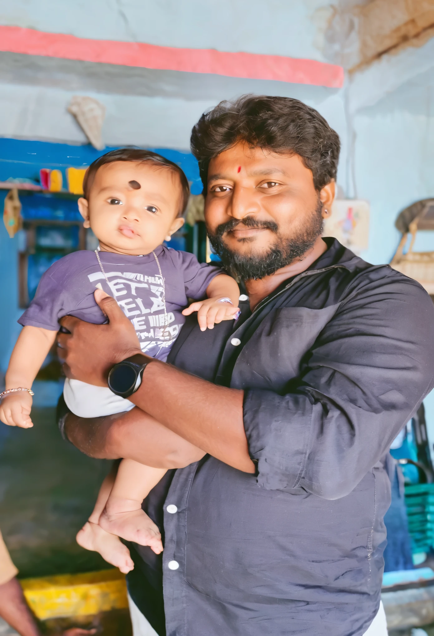 there is a man holding a baby in his arms, with a kid, jayison devadas, father with , facebook post, trending ,, vinayak, shot on nikon z9, ghutra and egal, portrait image, viral post, jayison devadas style, exclusive, 3 4 5 3 1, innocent look, portait image