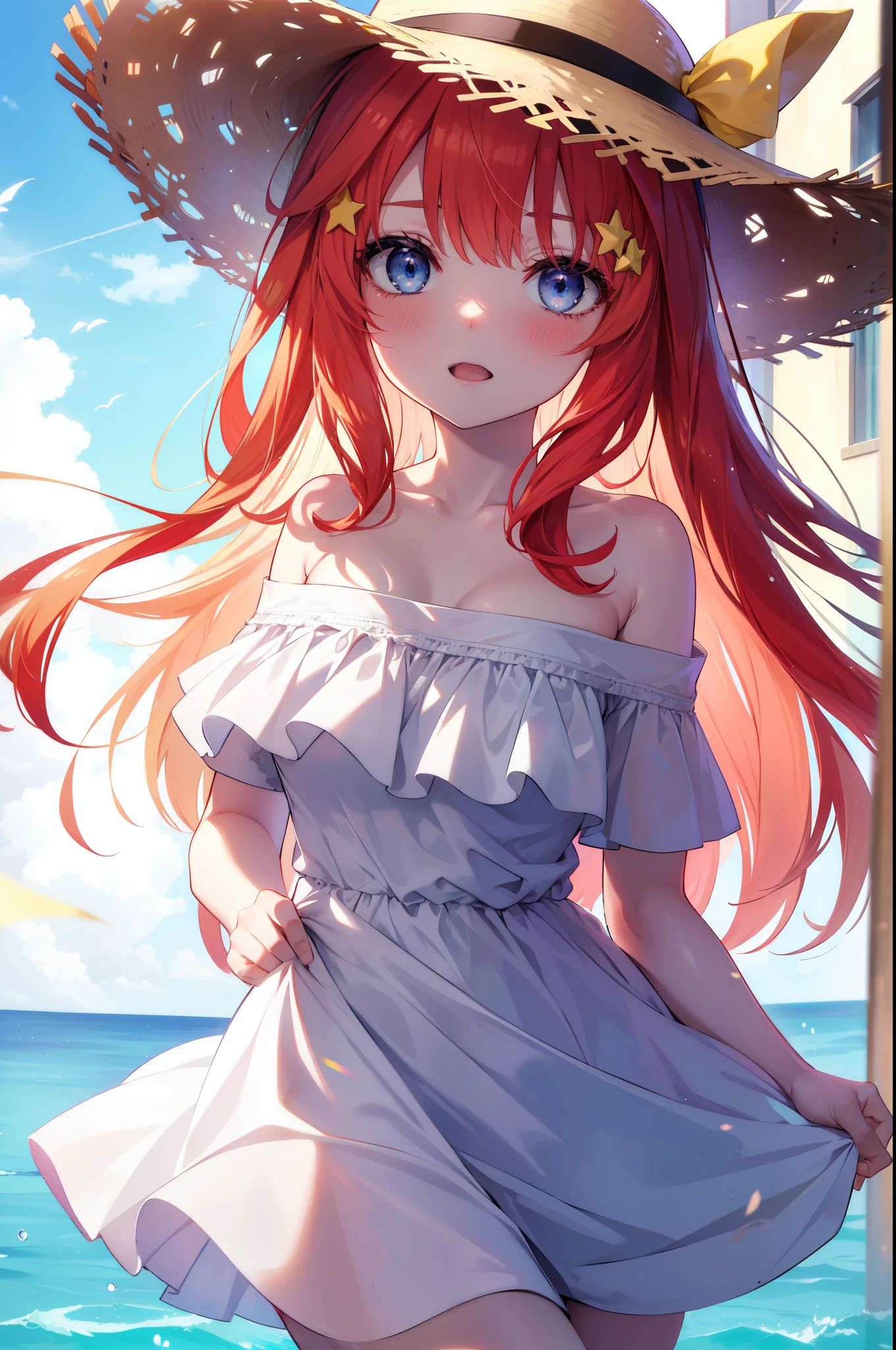 itsukinakano, Itsuki Nakano, bangs, blue eyes, hair between eyes, Ahoge, redhead, star \(symbol\), hair ornaments, star hair ornaments,blush,open mouth smile,straw hat,white off shoulder dress,bare shoulders,bare clavicle,naked neck,white long skirt,barefoot,Lift up the skirt slightly with one hand,While walking along the sandy beach,red hair fluttering in the breeze,Palm tree,
break outdoors,
break (masterpiece:1.2), highest quality, High resolution, unity 8k wallpaper, (shape:0.8), (fine and beautiful eyes:1.6), highly detailed face, perfect lighting, Very detailed CG, (perfect hands, perfect anatomy),