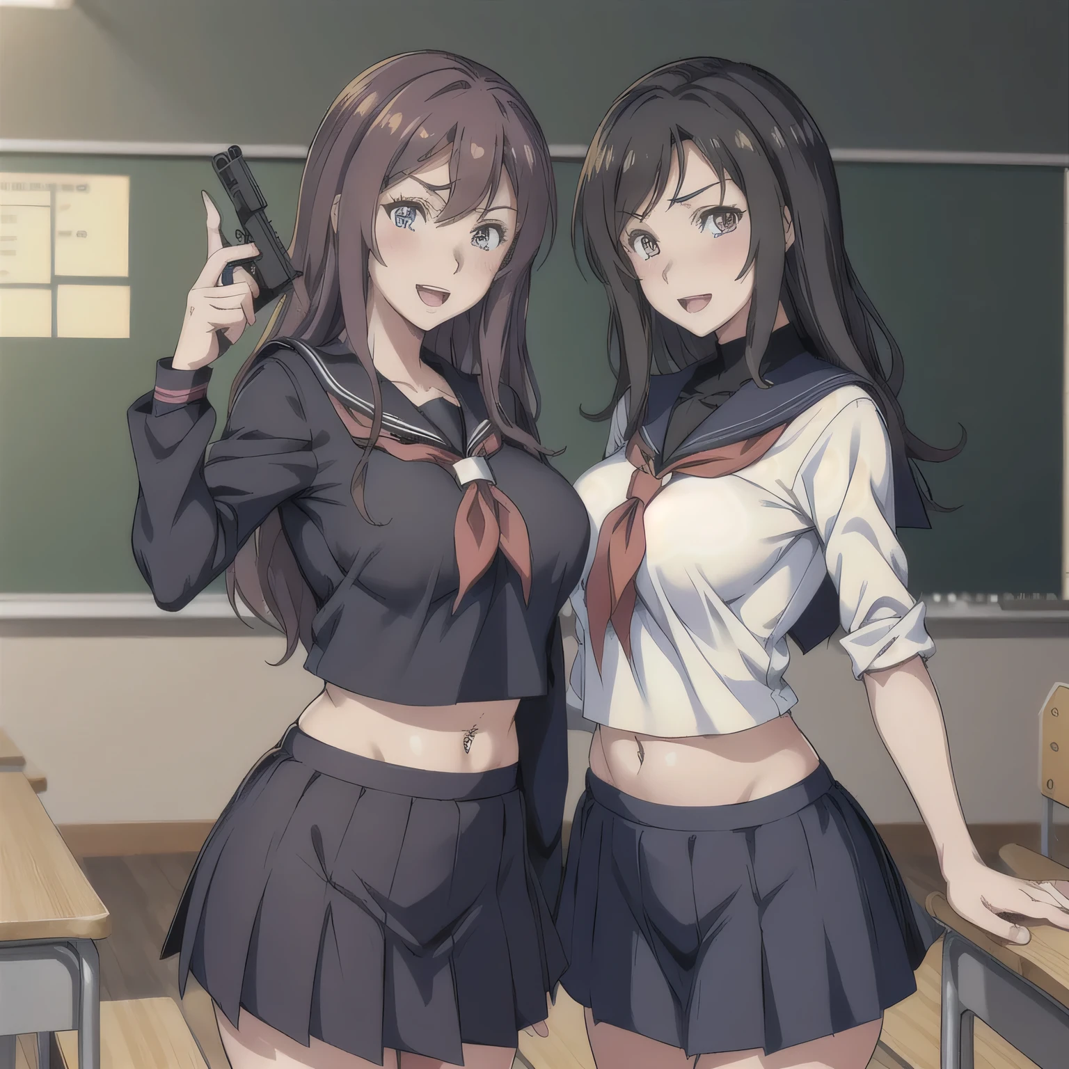  2girl, two girls,  masterpiece, best quality, highly detailed, a anime girls in sailor uniforms with a gun posing for a picture,
evil smile, smile, open mouth,black_serafuku, ecchi anime style, anime girls , (nsfw) not safe for work,
ecchi style, ecchi, shipgirls, digital anime art!!, high school girls, in anime style, official artwork, beautiful
anime high school girl, anime style 4 k, micro skirt, exposed belly, exposed navel, exposed midriff,
exposed lower belly,school, classroom, navel piercing