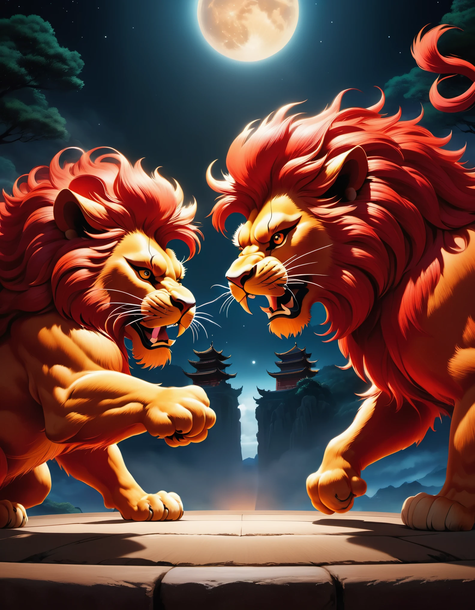 Dueling Moments, (a strong red Chinese lion struggling to box), Anthropomorphic, Vast Universe, Elevated Angle Cinematography.
Poster, Animation, Studio Ghibli, Detailed Illustrations, Official Art, Cavalleria Style, 32k, Night, HD Wallpaper, Selective Focus, Documentary Style, Precisionist Influences, Thought-provoking, Atmospheric Ethereal