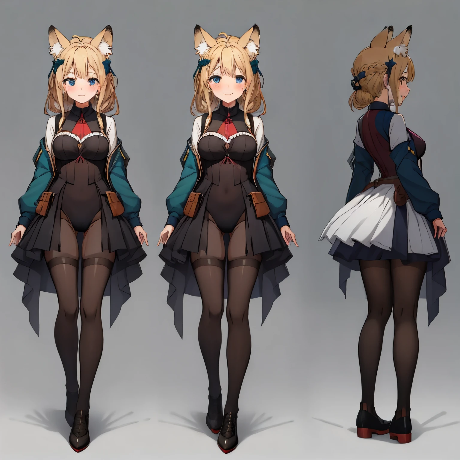 masterpiece: 1.6, highest quality: 1.4, Live: 1.2, intricate details: 1.2, 1 girl, alone, (blonde), long hair, french braid, single ~ ~ sidelock, amount: 1.5, fox ears, Big fox tail: 1.8, deep blue eyes, bright eyes, big breasts, exposed thighs:1.7, green adventurer style jacket:1.5, leotard: 3, Pouch:2.5, full body shot, multiple views, front, return, ~ ~ side, performance, ((Character setting material collection, Same character in different poses, personality reversal: 1.5, multiple views)), arms behind return, portrait, Happy, Are crying, Get angry, smile