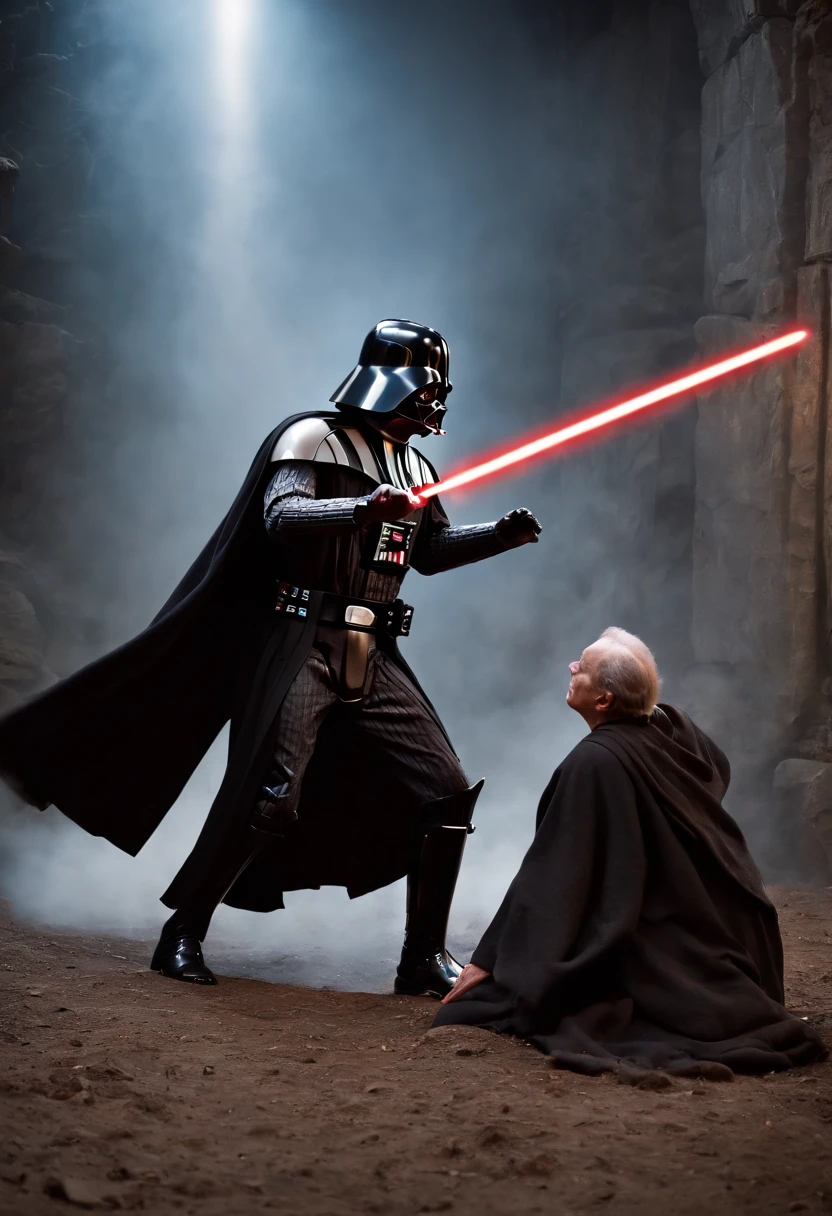 Star Wars Darth Vader fights Yoda, ((best quality)), ((masterpiece)), 3D, (((hyper detailed:1.3, full shot:1.5)), ((Star Wars Darth Vader fights Yoda one front to the other:1.5, inside the ship, smoke, epic scenery)),((full body)),((best quality)), (photorealistic:1.4),((Night cinematic lighting:1.2)), epic, 32k