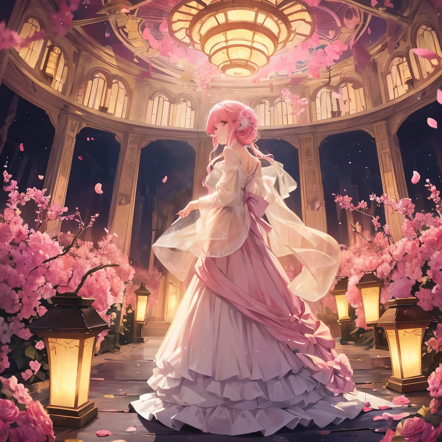 Amidst the ethereal beauty of a pinkish sunset, a myriad of vibrant flowers bloom, their petals unfurling in a symphony of colors. Lanterns of various sizes and shapes dot the landscape, casting a warm, gentle glow over the tranquil setting. Delicate petals intermingle with the intricate patterns of lanterns, creating an enchanting atmosphere where the boundaries between nature and art seem to blur. Each element is rendered in ultra-detailed textures, with petals showcasing soft, velvety surfaces and lanterns displaying intricately crafted designs. The sunset's captivating visual treat is further accentuated by