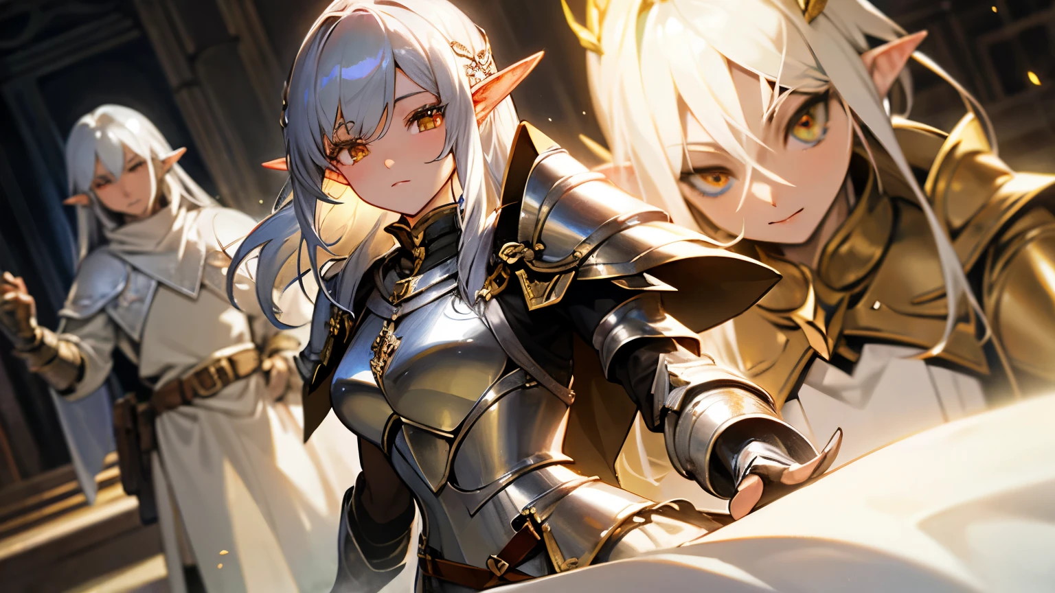 silver hair、golden eyes、elf、light silver armor
