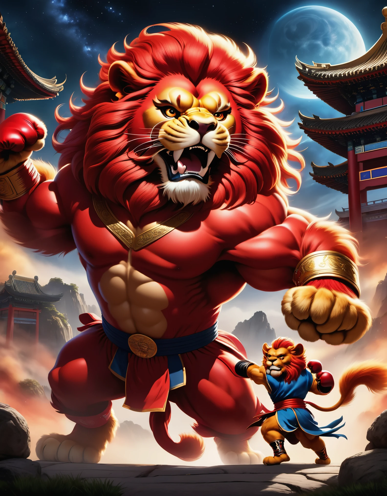 Dueling moments, (a strong red Chinese lion boxing hard), anthropomorphic, vast universe, conquering the world, crushing everything that
Elevated angle photography. Poster, Animation, Studio Ghibli, Detailed Illustrations, Official Art, Cavalleria Style, 32k, Night, HD Wallpaper, Selective Focus, Documentary Style, Precisionist Influences, Thought-provoking, Atmospheric Ethereal