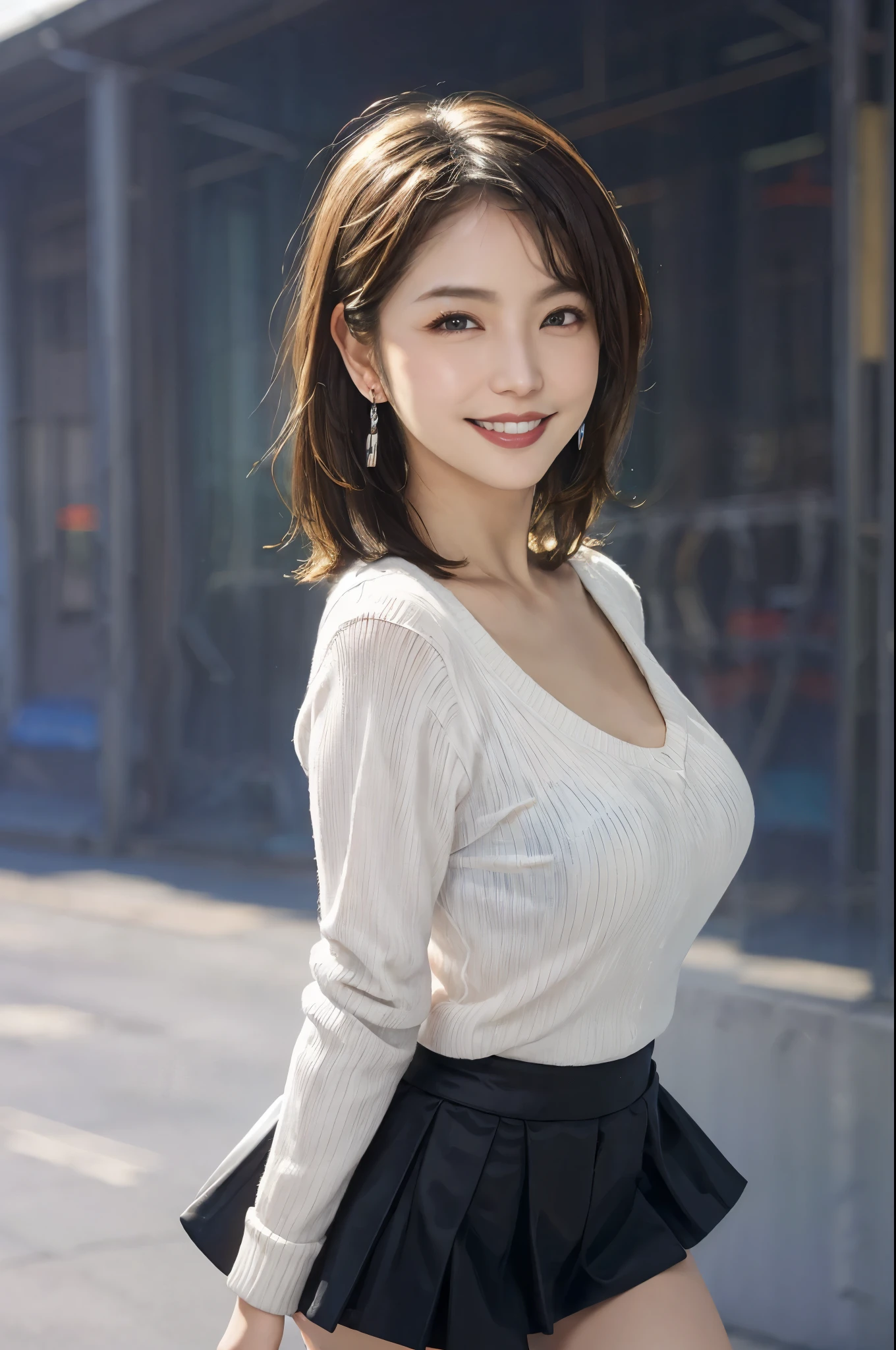 (RAW photo), (Realistic), (photo-realistic), ultra high resolution, masterpiece, highest quality, portrait, facial portrait, perfect lighting, detailed lighting, dramatic shadow, ray tracing, 1 Japanese beautiful mature lady, 40 years old, Voluptuous, cleavage, plump body type, symmetrical eyes, beautiful detailed brown eyes, chubby lips, red lips, Super high resolution perfect beautiful teeth, big tits, big ass, big thick thighs, abs, muscle, long wavy hair, black hair, earrings, half open mouth, smiling, looking at viewer, (V-neck Sweater:1.2), (Tight mini skirt:1.2), revealing clothing, Japanese street,