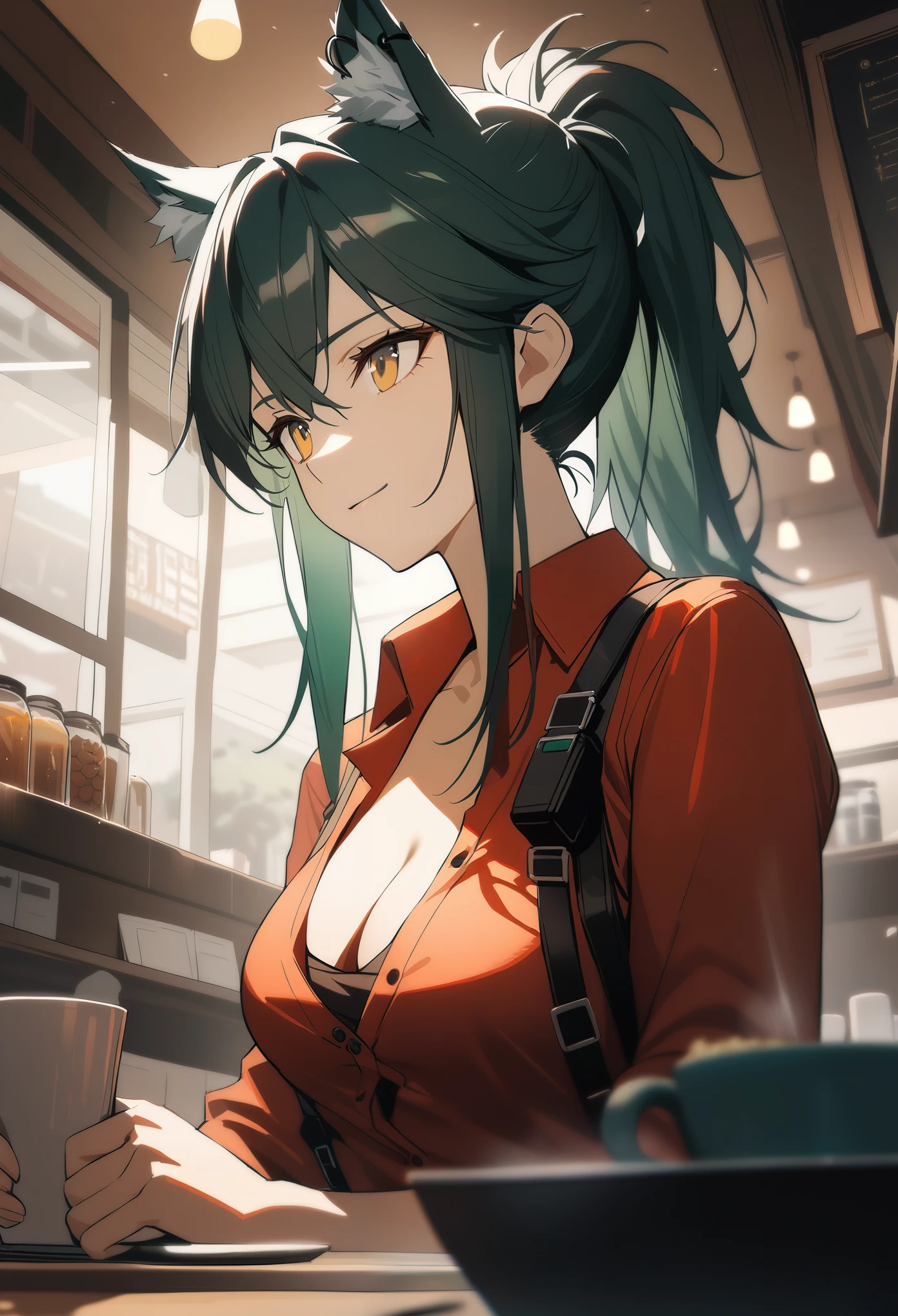 1girl, texas\(willpower)\(arknights), arknights, upper body, wolf ears, black hair, ponytail, yellow eyes, cleavage, light smile, red shirt, (partially unbuttoned), cinematic angle, in the cafe, masterpiece, best quality