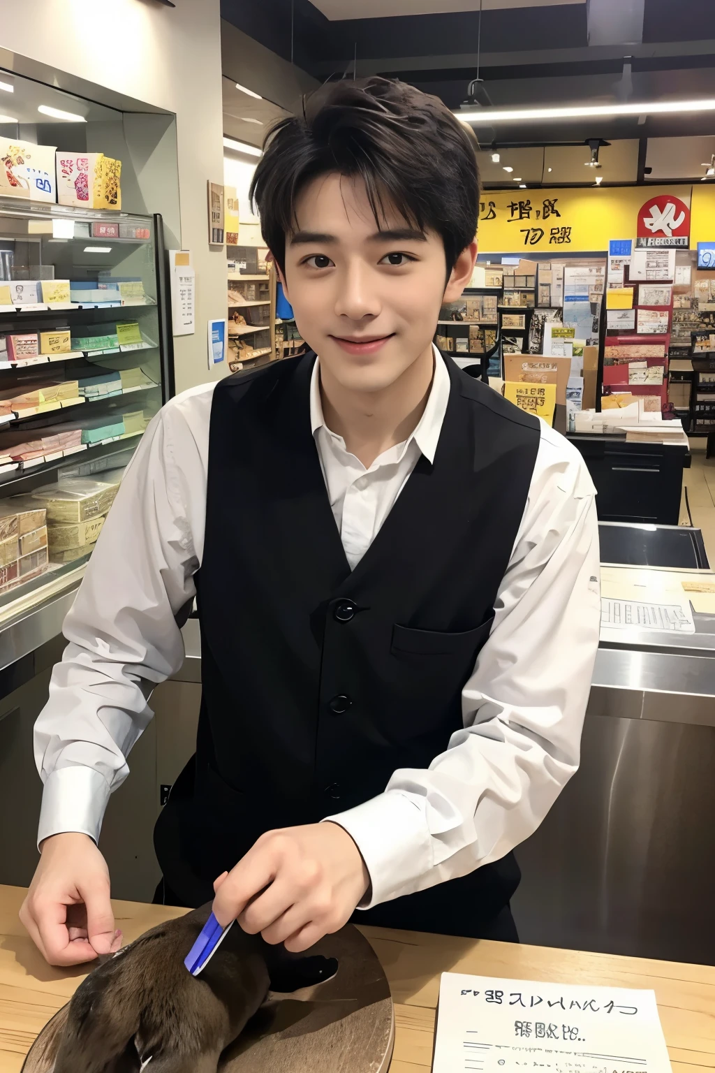 Japan. Akihabara pet shop, Tokyo. Handsome clerk. highest quality, masterpiece, ultra high resolution Looking at me and smiling