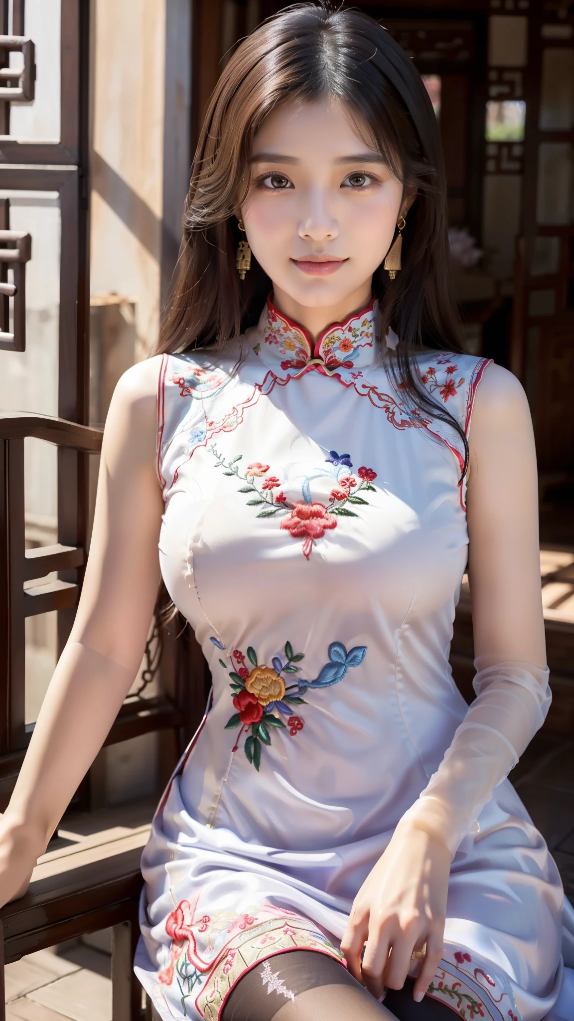 ulzzang-6500-v1.1,(Raw photo:1.2), (realistic:1.4), Delicate beautiful girl, The sparkling eyes create a very fun atmosphere.................. . ......,17 years old, Attractive eyes and moist lips, long black hair,(smile:1.3),Detailed facial depiction, Formula details, detailed facial features, Star Masterpiece Fine Detail, Detailed explanation of the role ,detailed drawing of hair, carefully drawn, My body is rippling, detailed hand drawing, Detailed drawing of the garment, Detailed drawing of faces, perfect face, detailed hand drawing, 4 fingers and 1 thumb:1 ,3),orthofacial,choker necklace, earrings, expert work, very close to reality, (whole body写真: 1.5)), best image quality, highest quality, unlimited details, 8K resolution,(( (Beautiful patterned embroidered Chinese dress 1.5)))((Pink lavender long skirt cheongsam dress)))(ancient courtyard scene:1.3),smile, narrowed hips, sexy pose,bold pose, (Beautiful legs visible through the slit of a long skirt) , (super realistic pantyhose:1.3), big breasts, beautiful flowing hair,(whole body), (cute face: 1.15), (big breasts: 1.0) high heels, Big sexy hips, medium sexy thighs