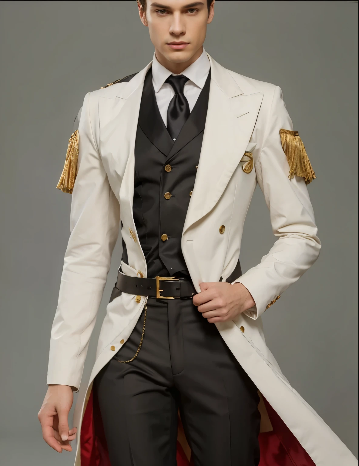 Reference sheet: 1.8, great details, high quality, masterful work, Tall Boy, Beautiful face, manto, long pants, art in bootasterpiece, A high resolution, high quality: 1.2), complex parts, cinematic lighting, Clear Focus, depth of field, White coat, black pants, black shoes with gold toe, Gold Elements, brunette, an aristocrat