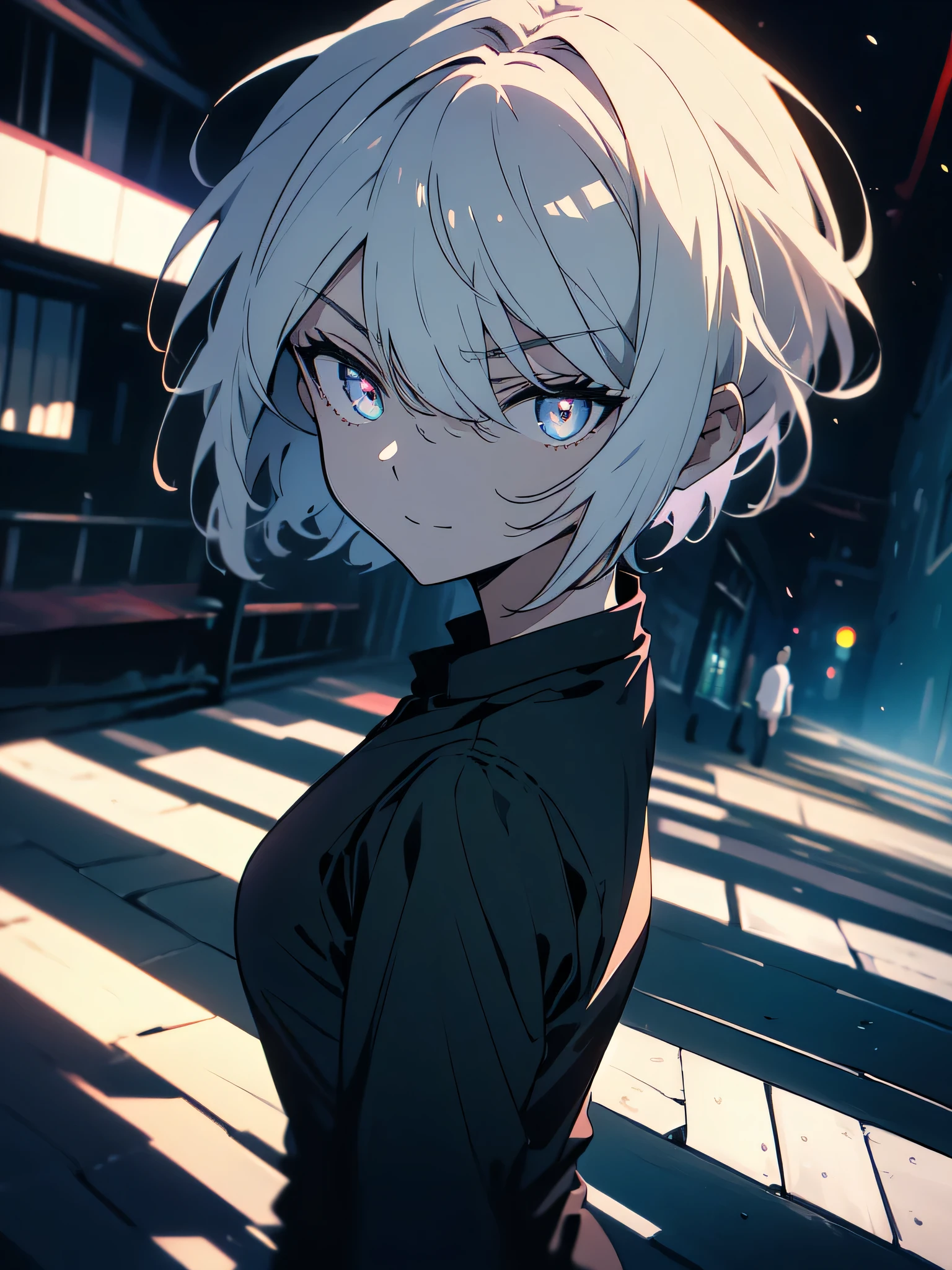 (masterpiece, highest quality、be familiar with)、(shining eyes), ((one young man)),((cool boy))、(sky gray hair,inner color)、colorful eyes,serious expression, evil smile,line drawing,((short hair))、messy hair、(all back、reap),(asymmetrical hair、two block hair),white blazer,black t-shirt,expressionless eyes,((beautiful animeスタイル))、(dark and serious background),(dark back alley)、(downtown at night)、beautiful anime
