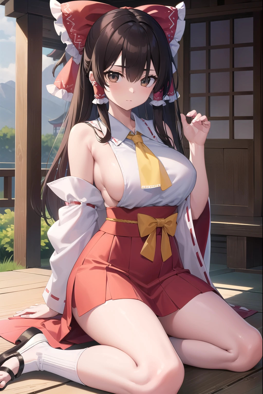 reimuhakurei, reimu hakurei, (brown eyes:1.5), brown hair, bow, hair bow, hair tube, long hair, red bow, side lock,
break ascot, bare shoulders, black shoes, removed sleeve, embellished costume, frills, kimono, non-traditional shrine maiden, red skirt, sandals, Sarashi, skirt, socks, white sleeves, white socks, wide sleeve, yellow ascot, Zouri,
break looking at viewer,
break outdoors, shrine,
break (masterpiece:1.2), highest quality, High resolution, unity 8k wallpaper, (figure:0.8), (detailed and beautiful eyes:1.6), highly detailed face, perfect lighting, Very detailed CG, (perfect hands, perfect anatomy),valley、sexy body、big breasts