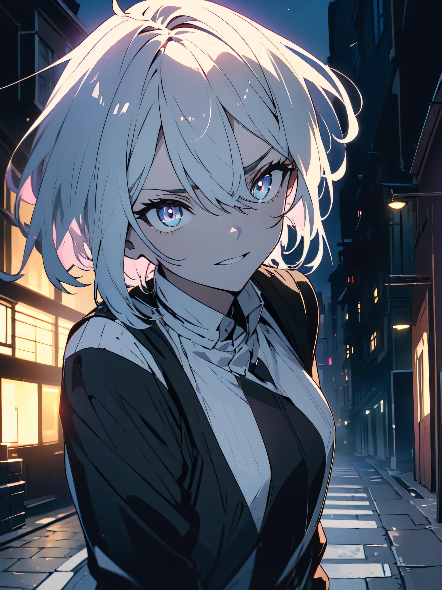 (masterpiece, highest quality、be familiar with)、(shining eyes), ((one young man)),((cool boy))、(sky gray hair,inner color)、colorful eyes,serious expression, evil smile,line drawing,((short hair))、messy hair、(all back、reap),(asymmetrical hair、two block hair),white blazer,black t-shirt,expressionless eyes,((beautiful animeスタイル))、(dark and serious background),(dark back alley)、(downtown at night)、beautiful anime