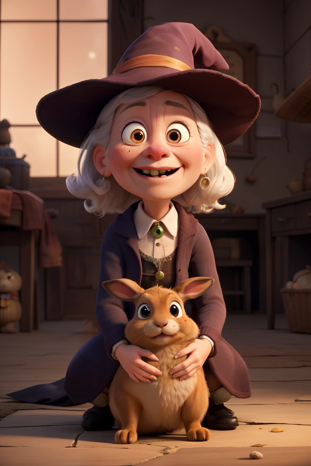 An ugly old witch petting her pet brown rabbit. Ugly witch face. Very ugly, old.