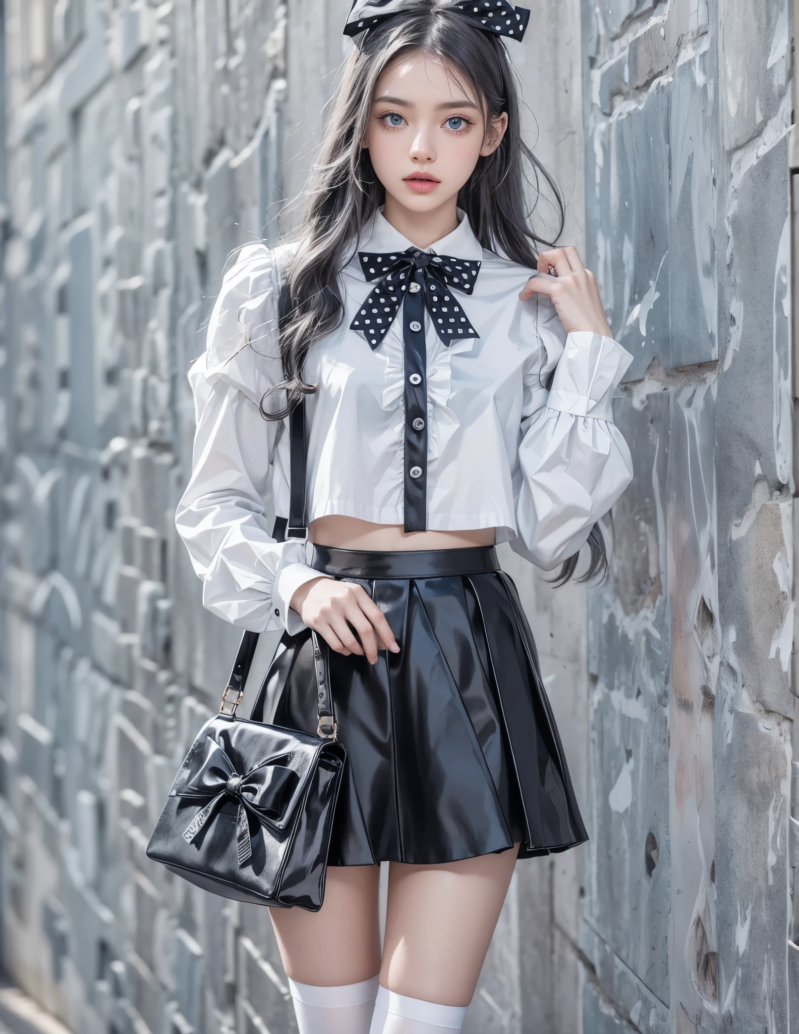 mode fashion collection, ultra detailed, beautiful, masterpiece, best quality, _ BREAK Beautiful perfect model, 22 Age, 165 cm, Tightened all body, Perfect and beautiful legs, gray hair, Brightly colored eyes, Diteled face, (big eyes:1.2), dropy eyes, Double eyelid, light color eyes, Shiny eyes , Diteled eyes, (small head and face:1.4), _ BREAK arranged hair, Diteled hair, _ BREAK Perfect art background, Fog, mist, _ (girly:1.4), Ultra-Cute Monochrome Ensemble with Ribbon Theme,
Create a girly and ultra-cute ensemble composed of white, black, and grey tones, centered around a ribbon theme,
Start with a white blouse featuring puffy sleeves and a Peter Pan collar adorned with delicate black ribbon trim,
Pair the blouse with a pleated grey skirt with black ribbon accents, adding movement and charm to the look,
BREAK
Layer the ensemble with a cropped black cardigan featuring white polka dots and ribbon bows for a playful touch,
Accessorize with a black ribbon choker necklace adorned with a sparkling gemstone pendant, adding a hint of elegance to the outfit,
BREAK
Complete the ensemble with white knee-high socks adorned with black ribbon bows and patent leather Mary Jane shoes for a classic yet adorable finish,
Carry a black handbag with white ribbon detailing, matching the overall theme of the ensemble,
BREAK

//Accessories
White ribbon hair bow adorned with a small black bow for a whimsical hairstyle,
Black ribbon wristwatch with a round face and white dial for a subtle yet stylish accessory,
BREAK (gray hair, blue eyes:1.2),