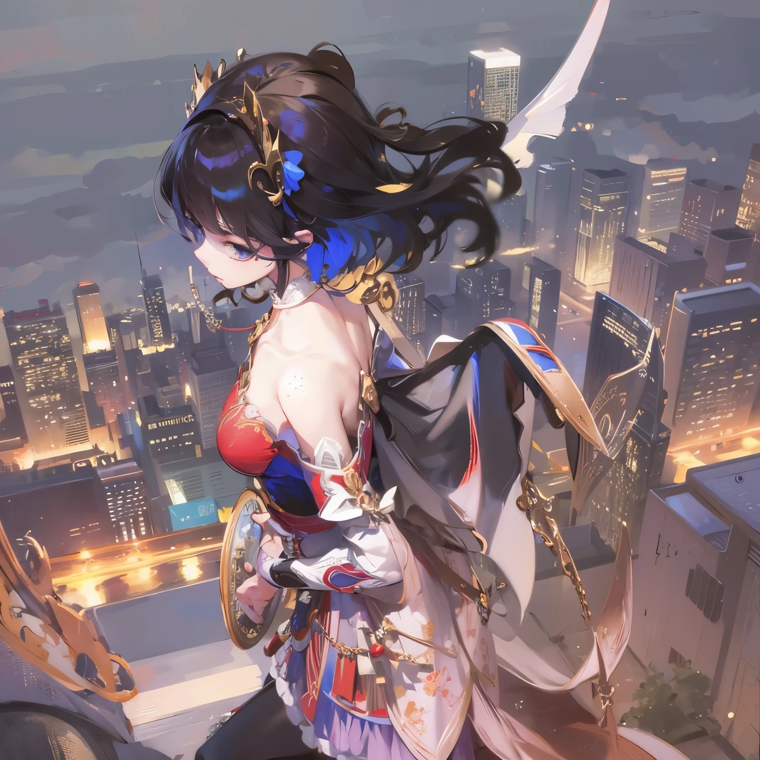 (Masterpiece: 1.2, Best Quality), Realistic, (Realistic Picture, Complex Details, Depth of Field), Best Quality, Masterpiece, Highly Detailed, Semi Realistic, 1 Girl, Mature Female, 21 Years Old, Blond Short Hair, Left Eye Covered with Hair, Blue Eyes, King's Clothes, Red Cloak, Slim Figure, Crown Made of Precious Gold, Reading and Marking Documents, Goose Hair Pen, Office Table, Soft Bench