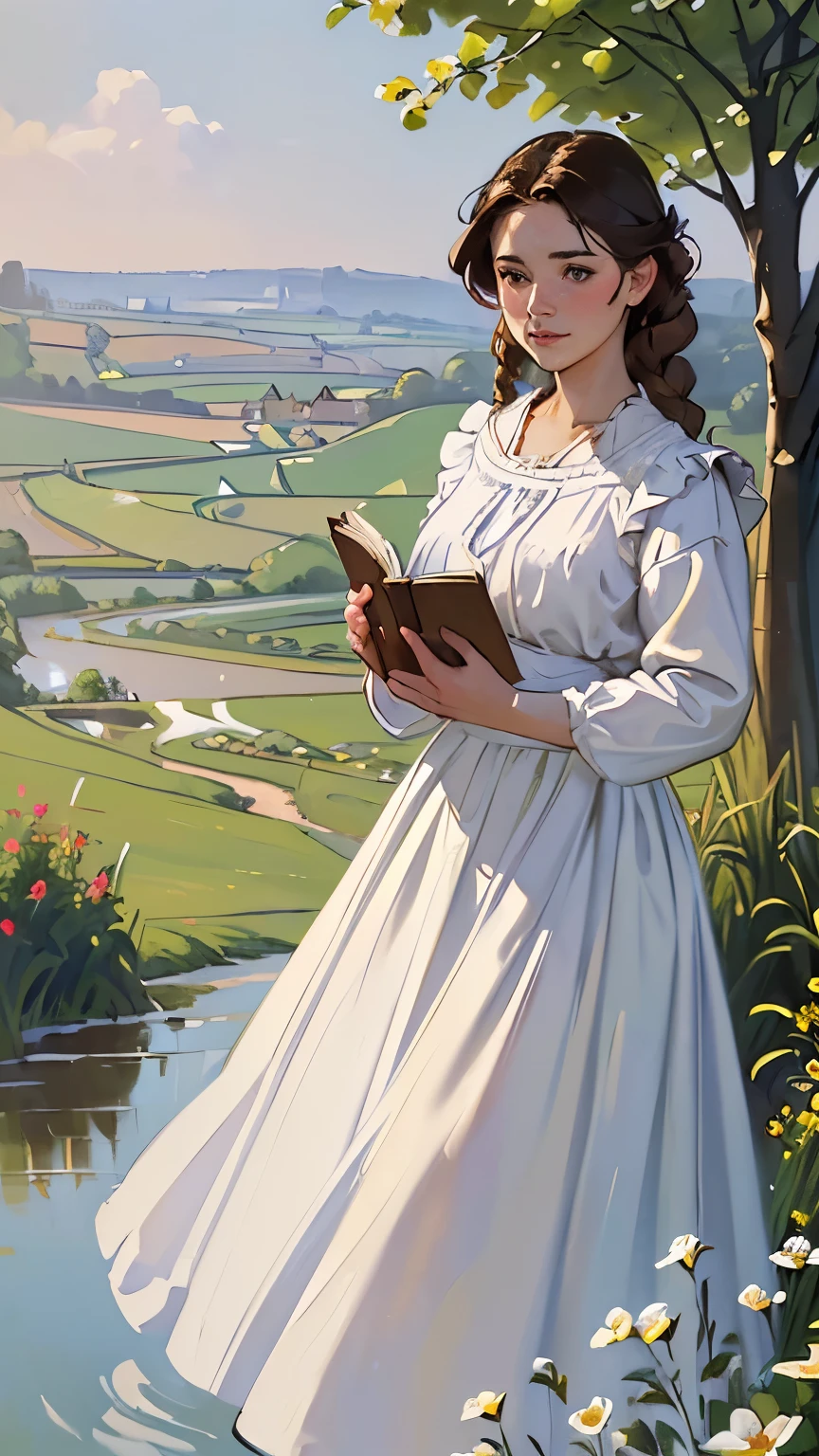 ((Sargent style watercompressionist style painting、(highest quality、masterpiece)、soft light、Countryside painted on a foggy morning、soft light、view of the cotswolds,old farmhouse、stream、flowers bloom、one woman、dark brown hair、braided hair、White blouse and long skirt、picnic、hold a book in hand、take a walk、