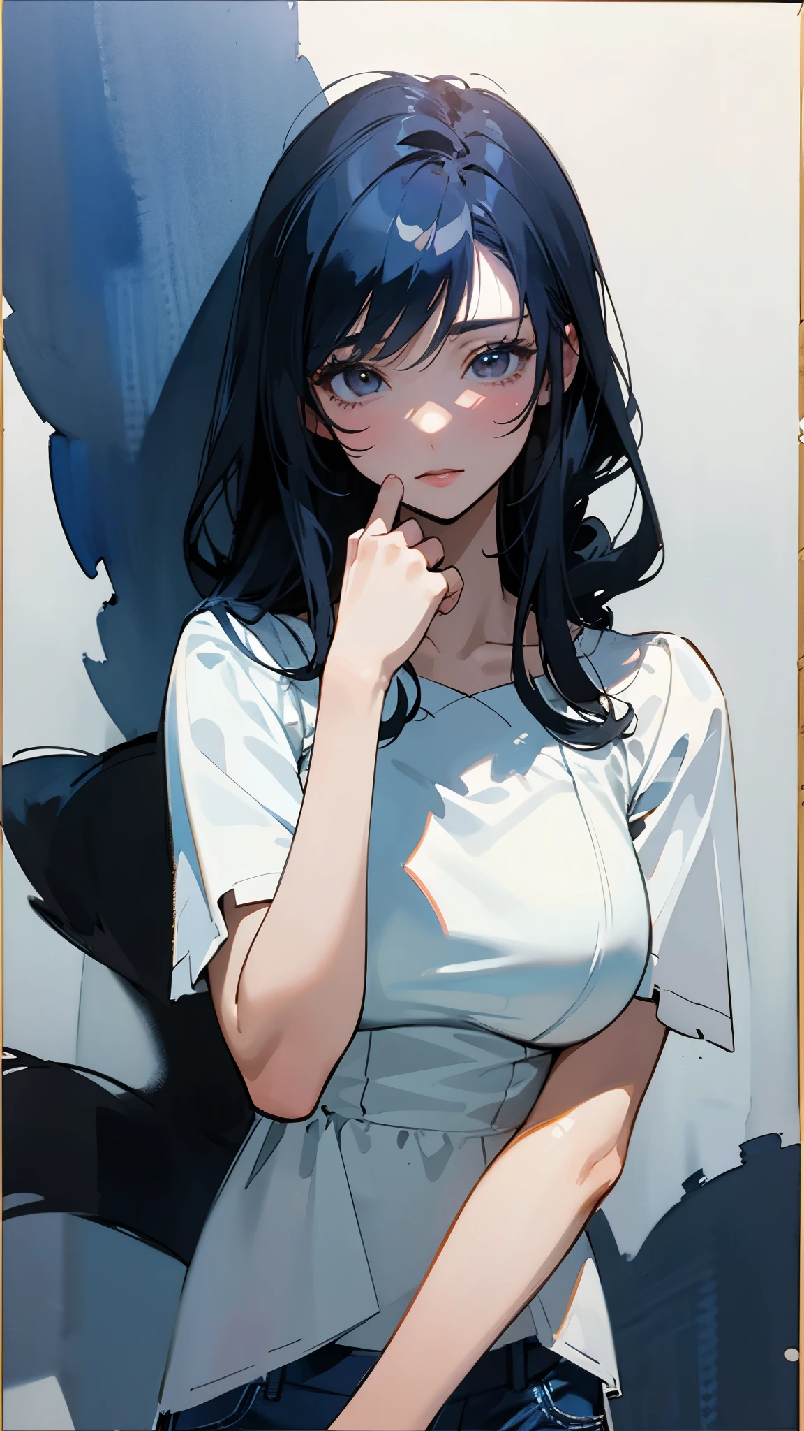 masterpiece、highest quality、((white blouse))、navy blue jeans、black hair、Beautiful woman、black eyes、breast enhancement、front、anime touch、hand drawn、classic、watercolor painting、soft focus、