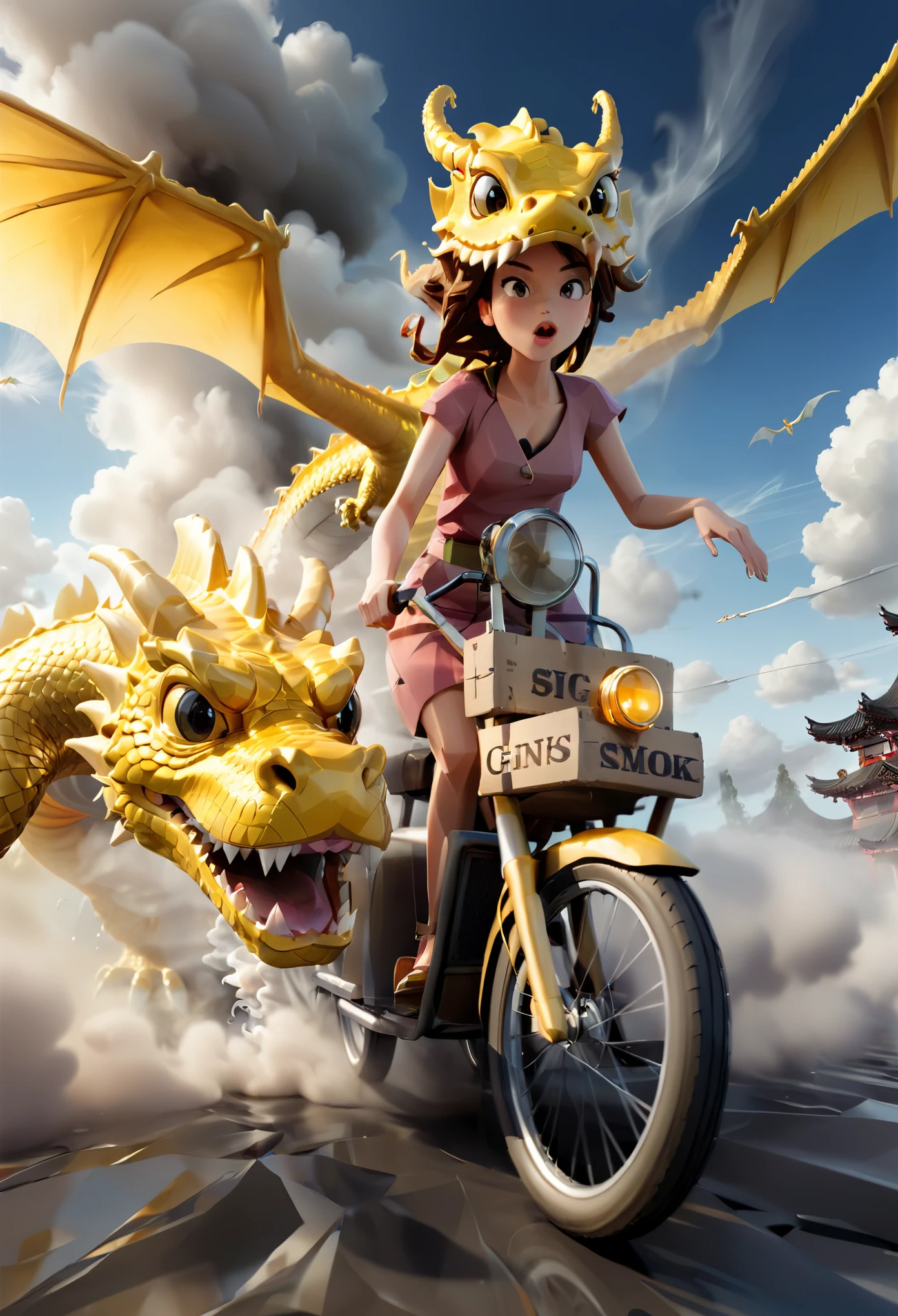 thick smoke dominates the picture, big fish in smoke and clouds, super wide-angle golden dragon 1 girl girl riding a big golden dragon, (photorealistic:1.4), cinematic angle, motion blur, wind, long,lots of smoke
