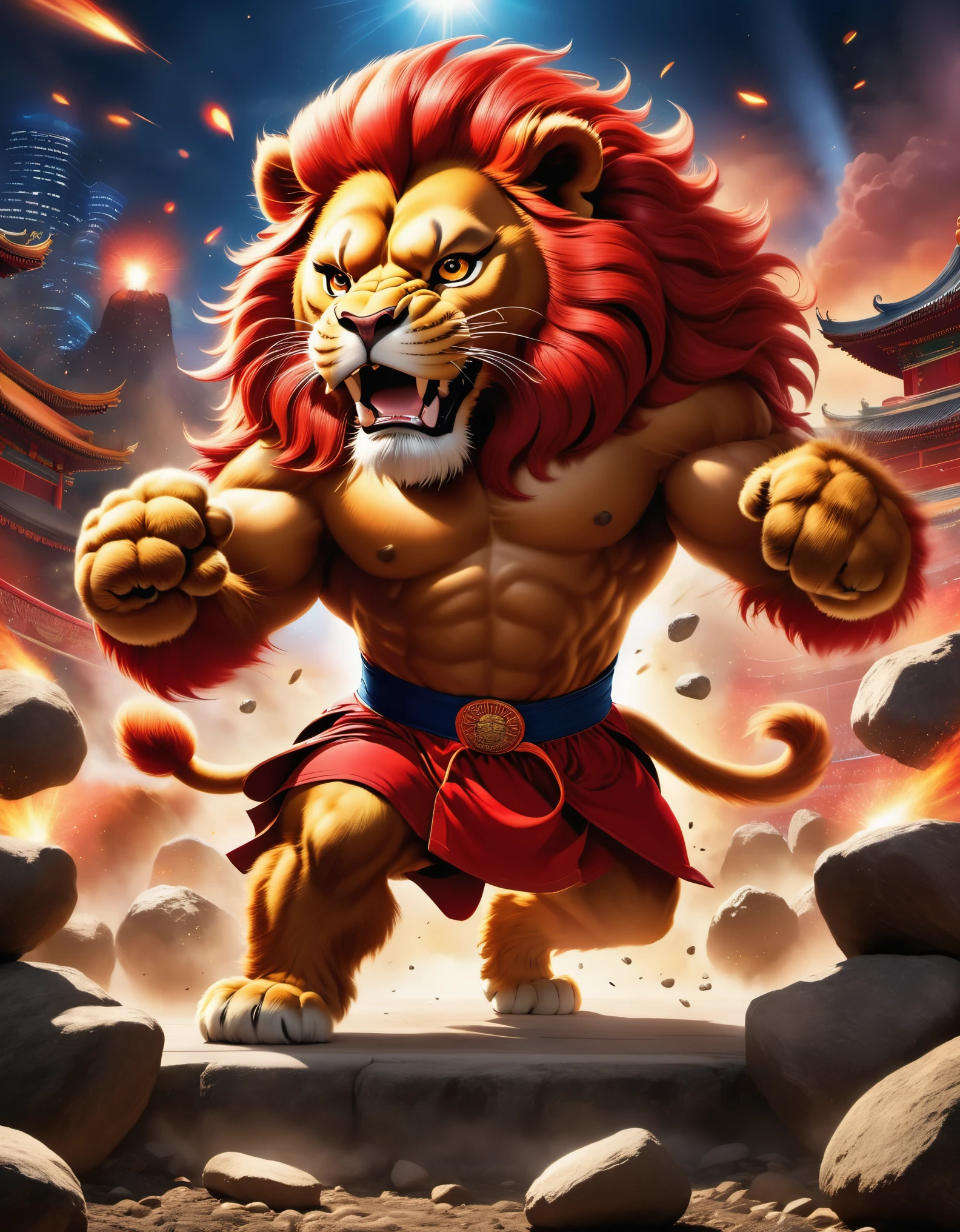 Movie Poster, Dueling Moments, (a strong red Chinese lion in a boxing match), punching action, anthropomorphic, vast universe, landslide, crushed stones flying around, world conquering, crushing everything,
Elevation Angle Photography, Poster, Animation, Studio Ghibli, Detailed Illustration, Official Art, Kawasaki Style, 32k, Night, HD Wallpaper, Selective Focus, Documentary Style, Precisionist Influence, Thought-provoking, Ethereal Atmosphere